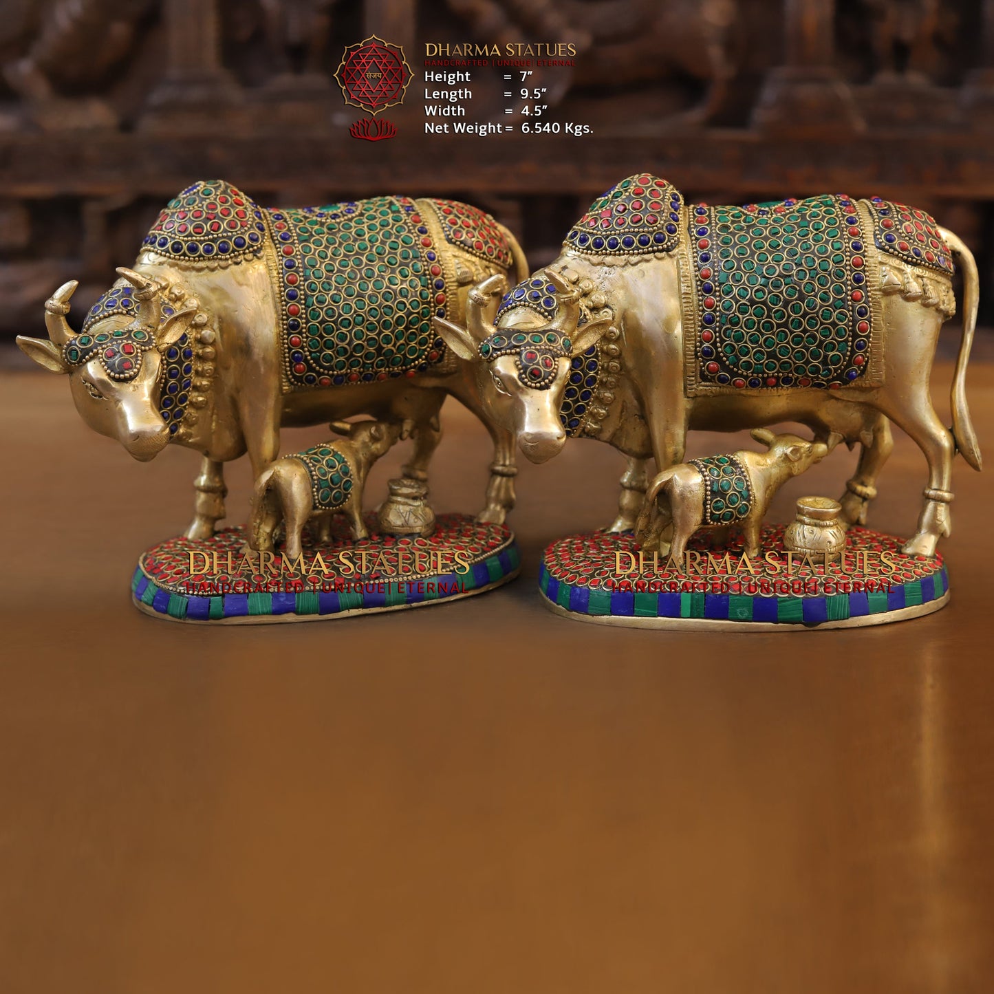 Brass Cow & Calf, Golden & Stonework, 7"