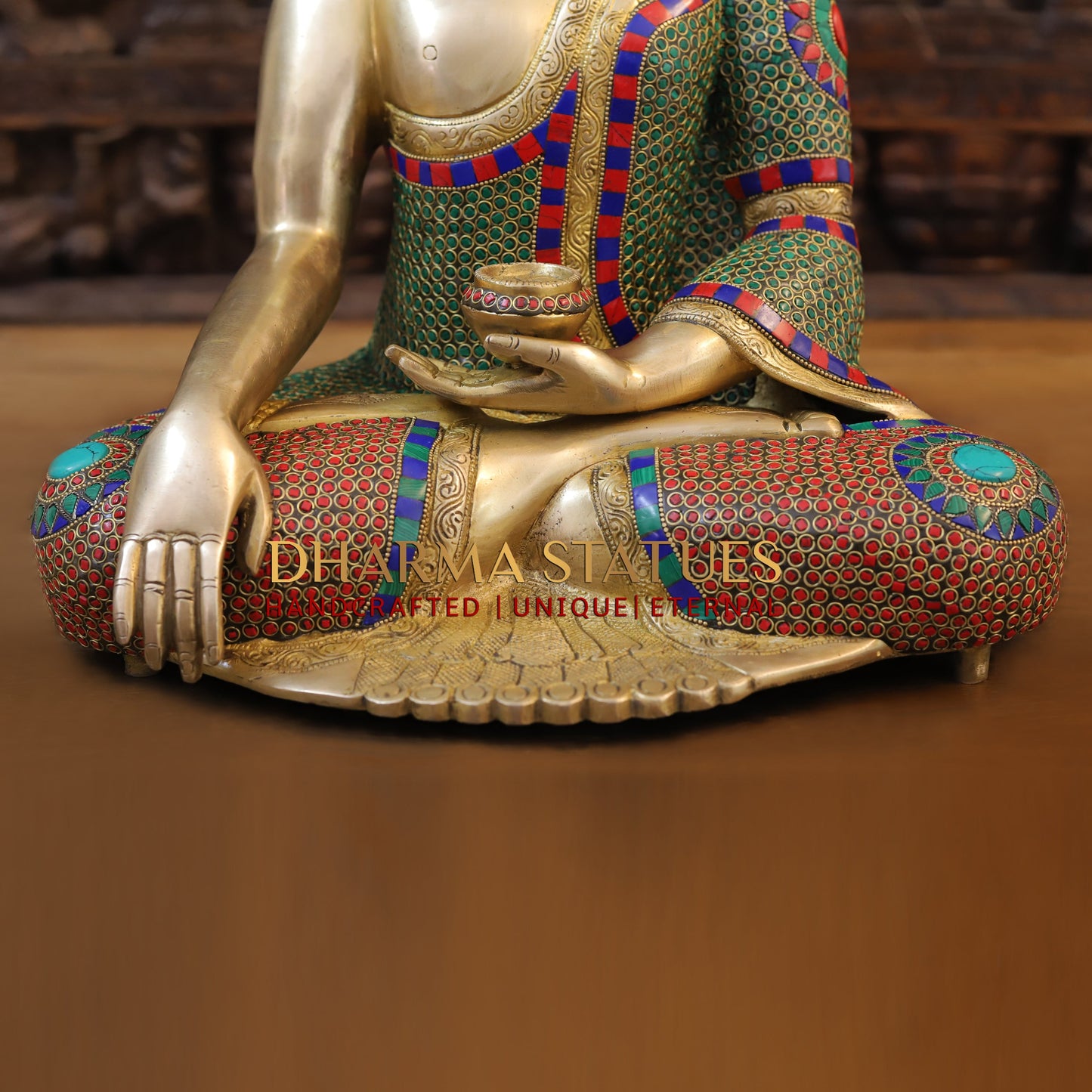 Brass Buddha Seated, Golden & Stonework, 17.5"