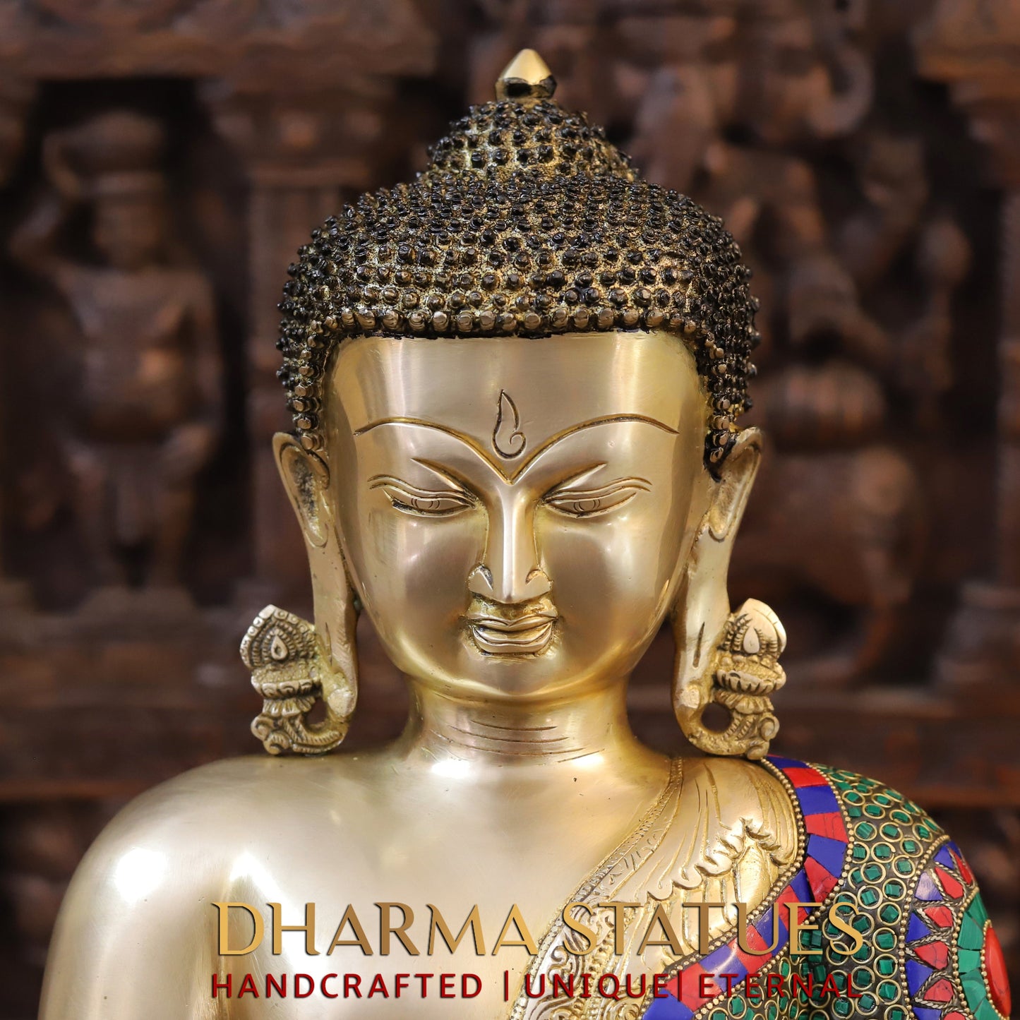 Brass Buddha Seated, Golden & Stonework, 17.5"