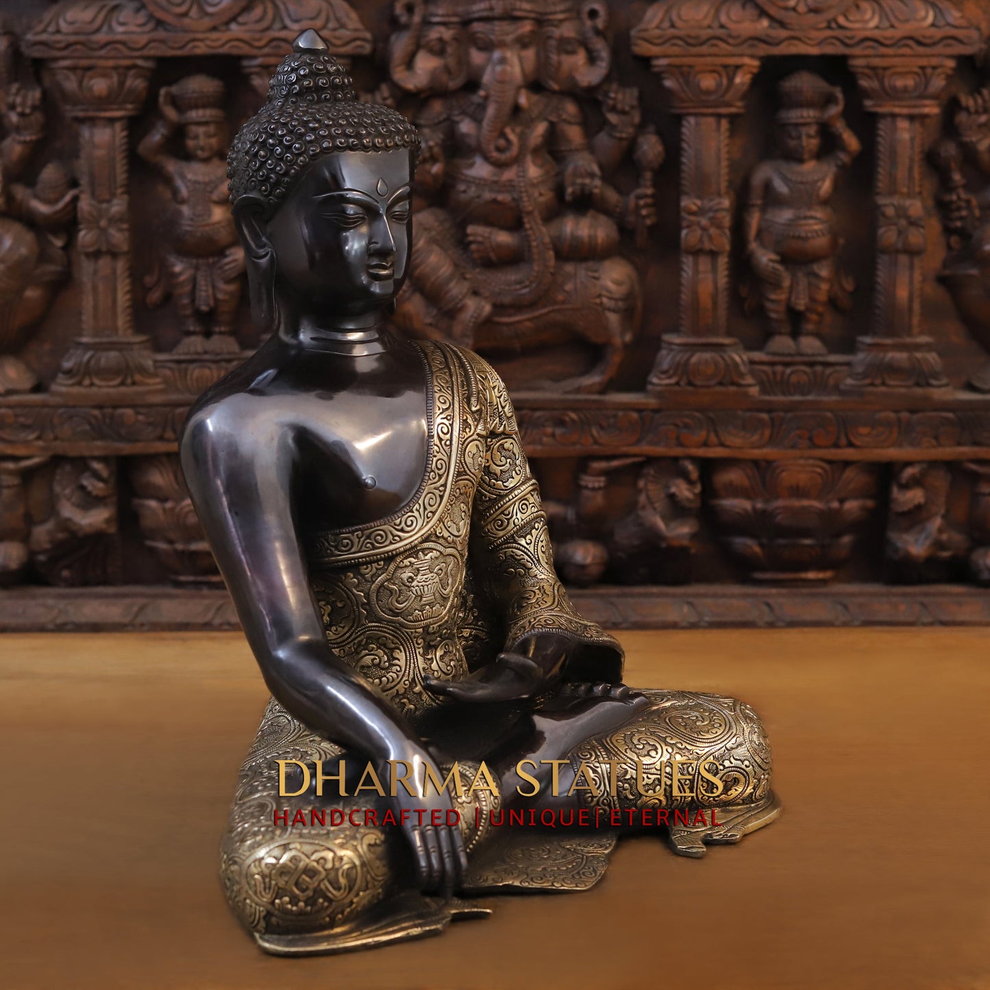 Brass Buddha seated, Black Patina & Fine Finish, 18"