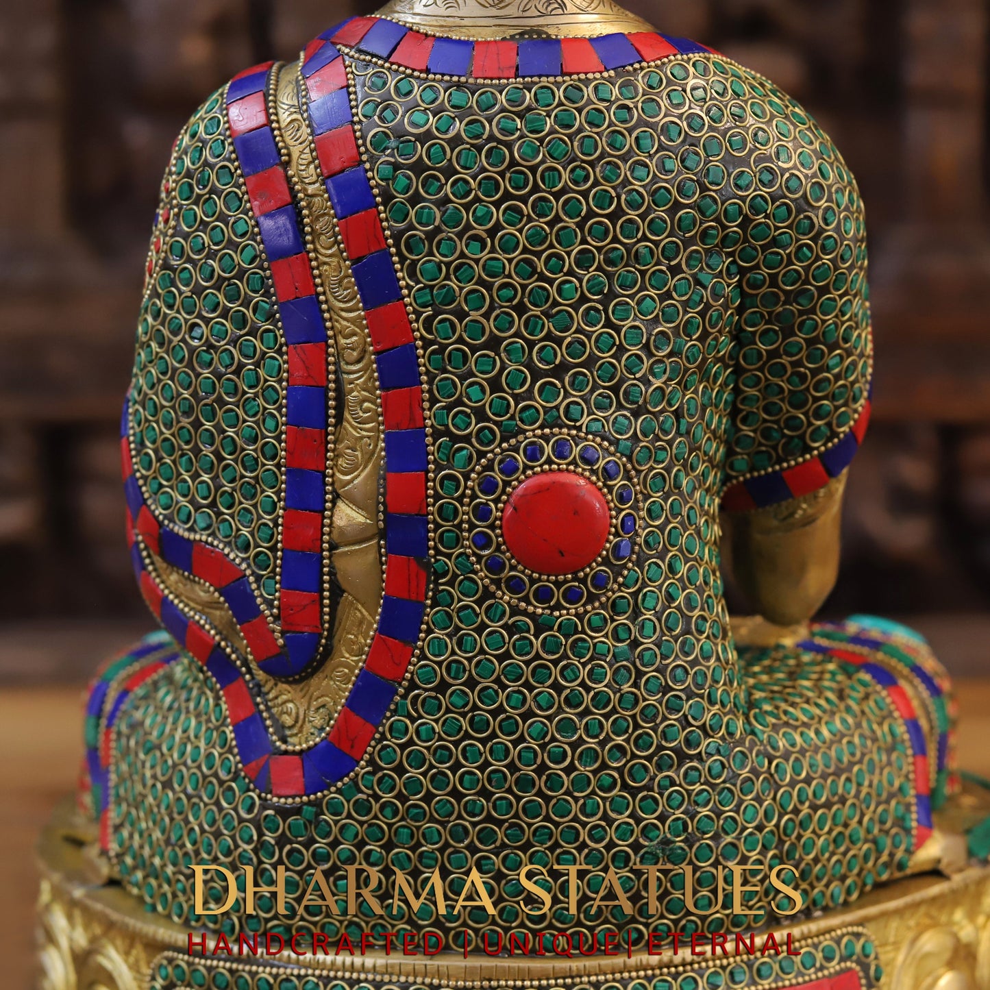 Brass Buddha seated in Vitarka Mudra, Golden Finish & Stonework, 16"