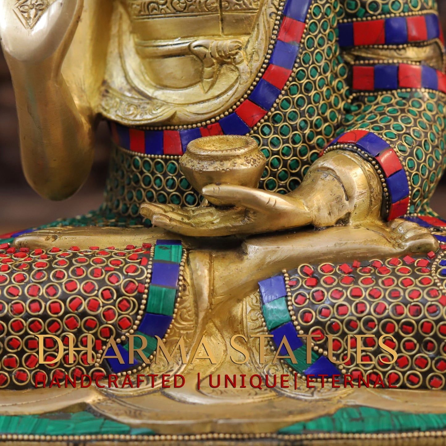 Brass Buddha seated in Vitarka Mudra, Golden Finish & Stonework, 16"