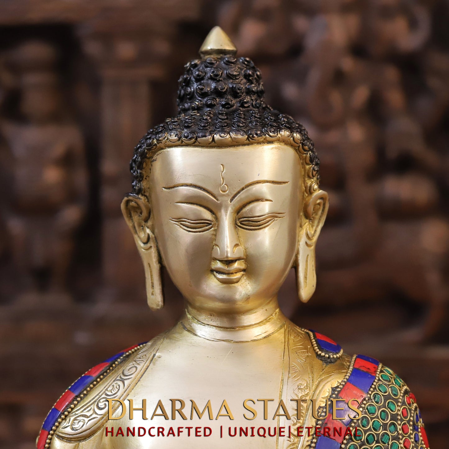 Brass Buddha seated in Vitarka Mudra, Golden Finish & Stonework, 16"