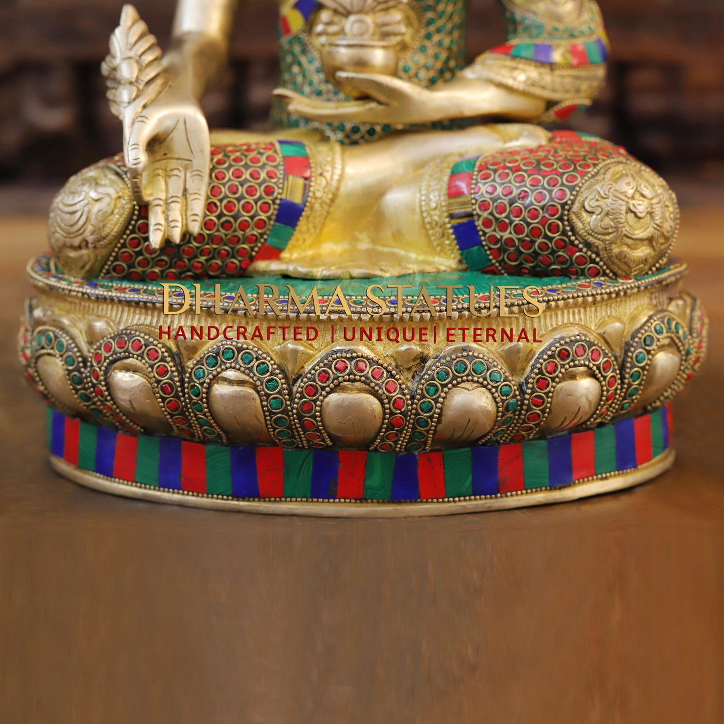 Brass Buddha seated, Golden & Stonework, 14.5"