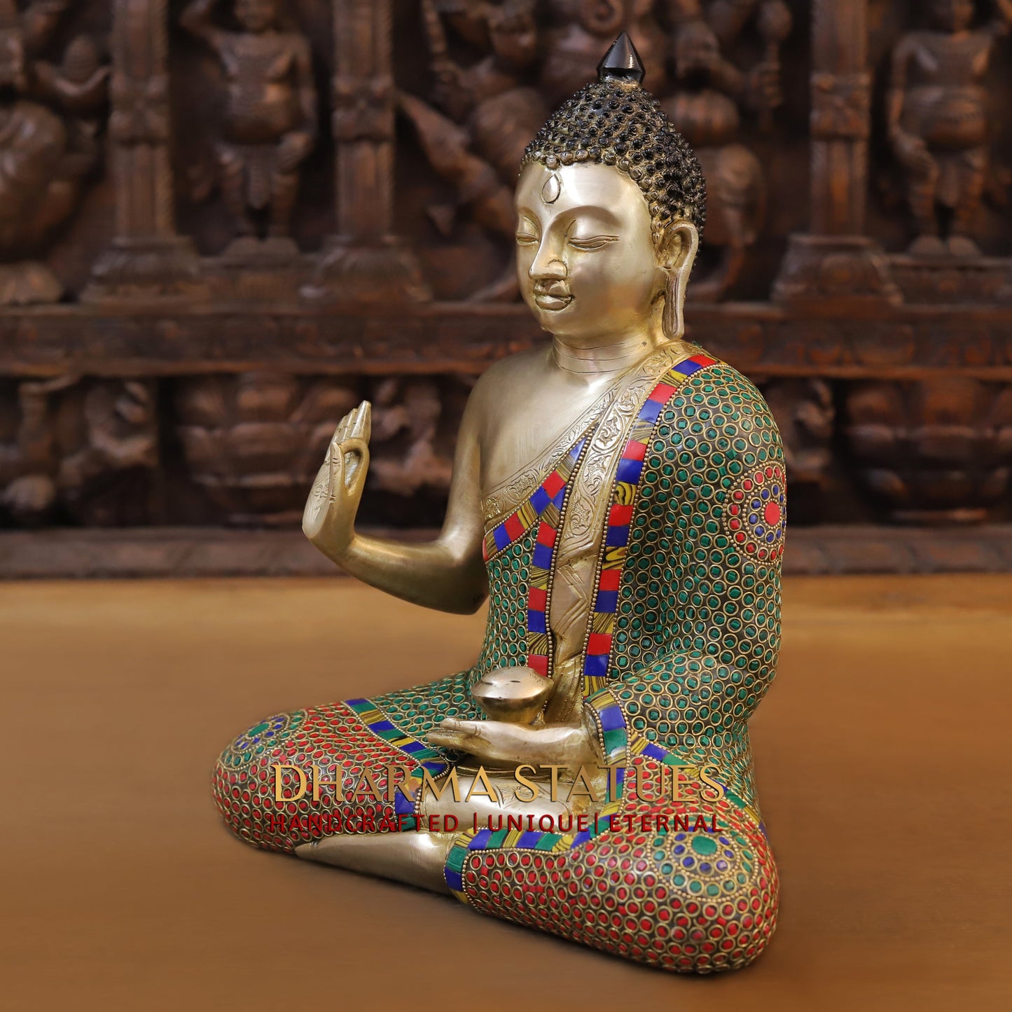 Brass Buddha seated, Blessing Position, Golden & Stonework, 14"