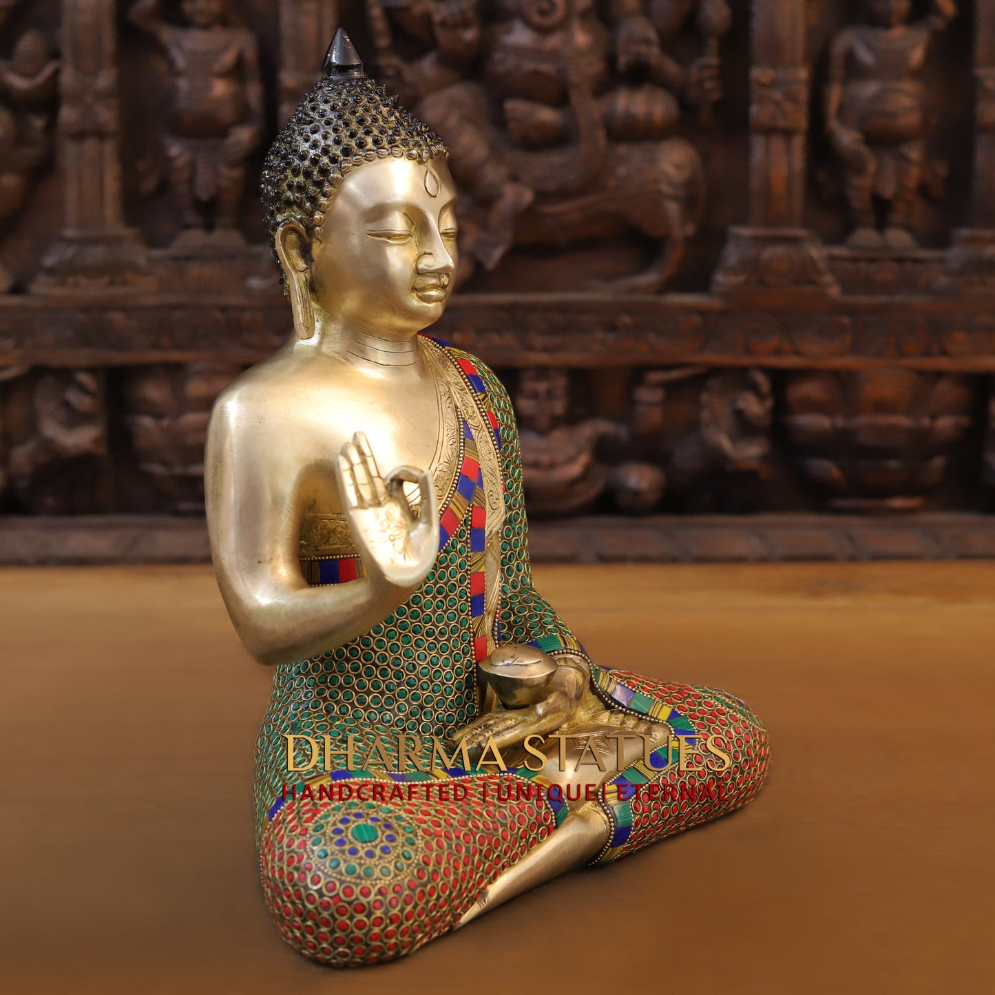 Brass Buddha seated, Blessing Position, Golden & Stonework, 14"