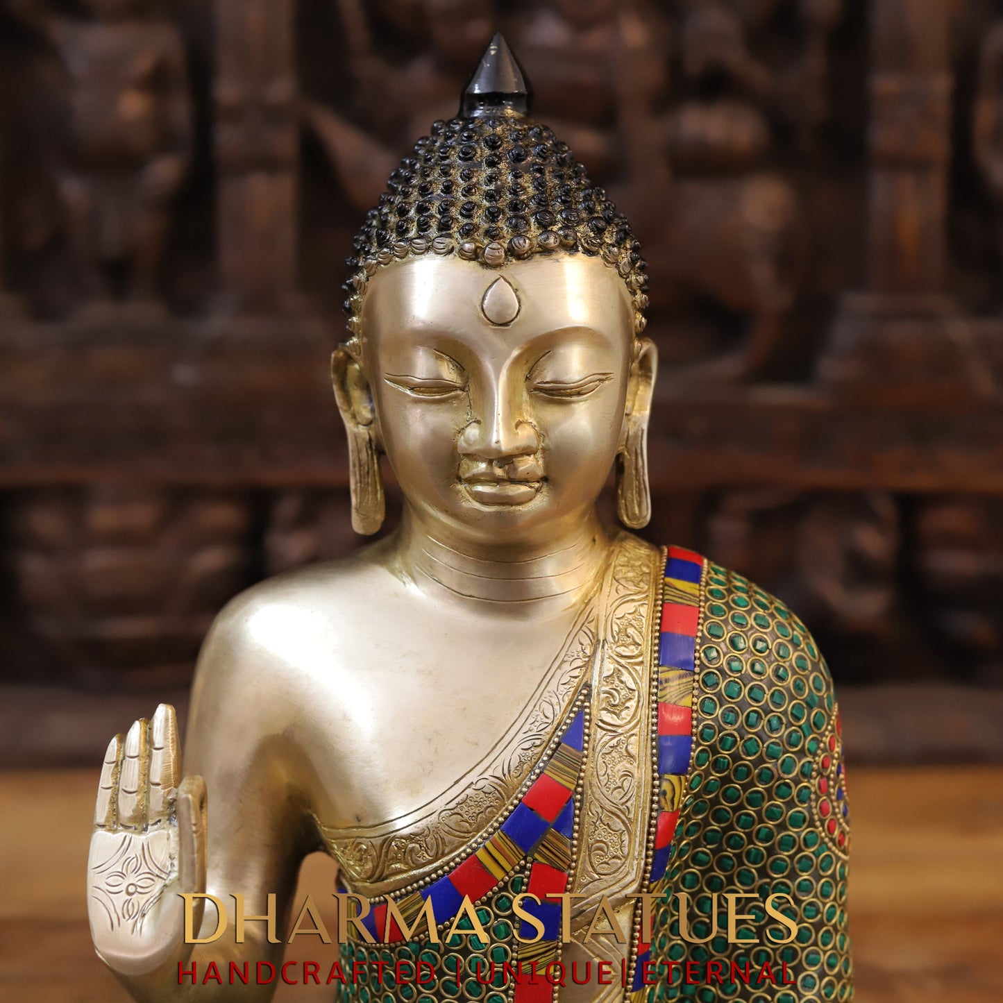 Brass Buddha seated, Blessing Position, Golden & Stonework, 14"