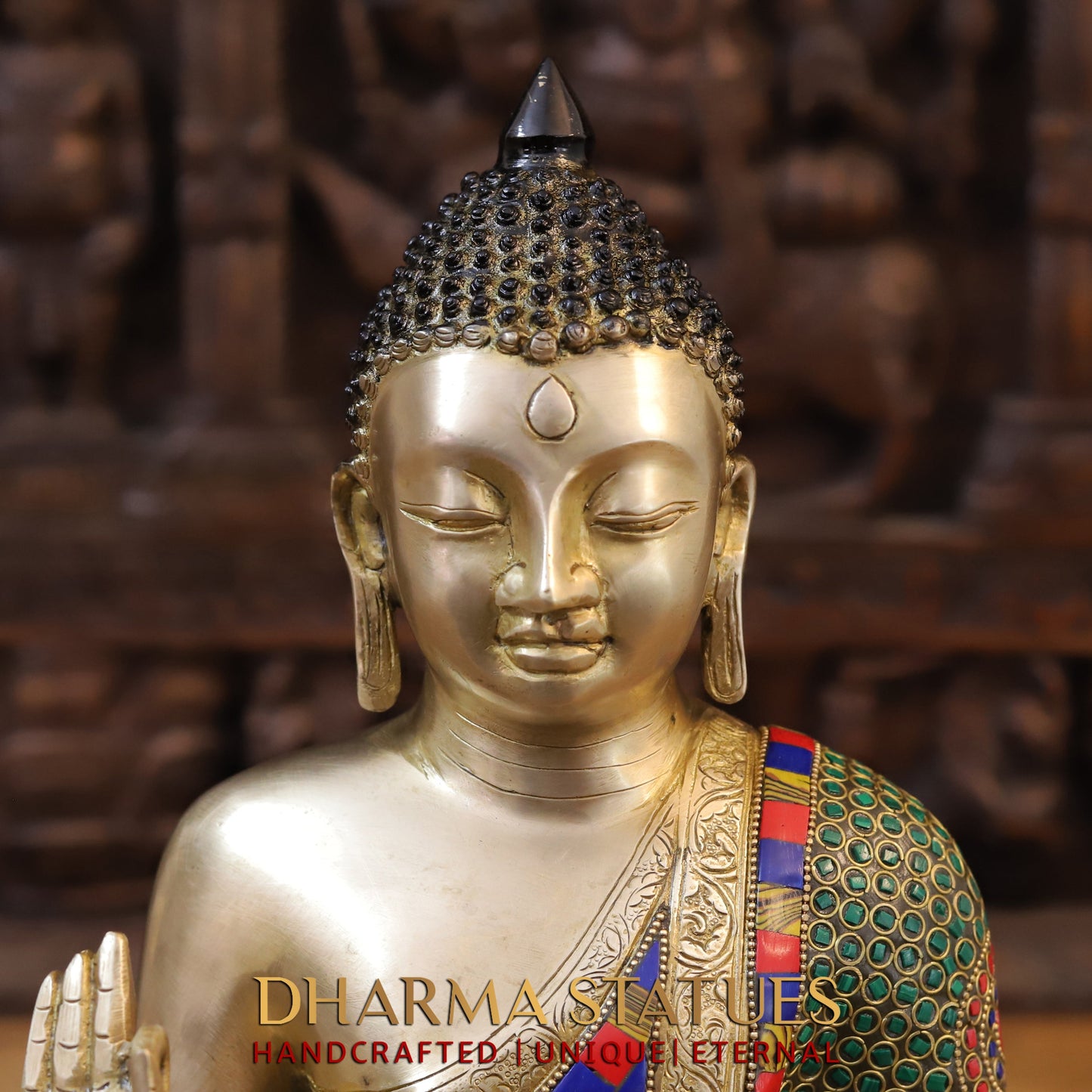 Brass Buddha seated, Blessing Position, Golden & Stonework, 14"