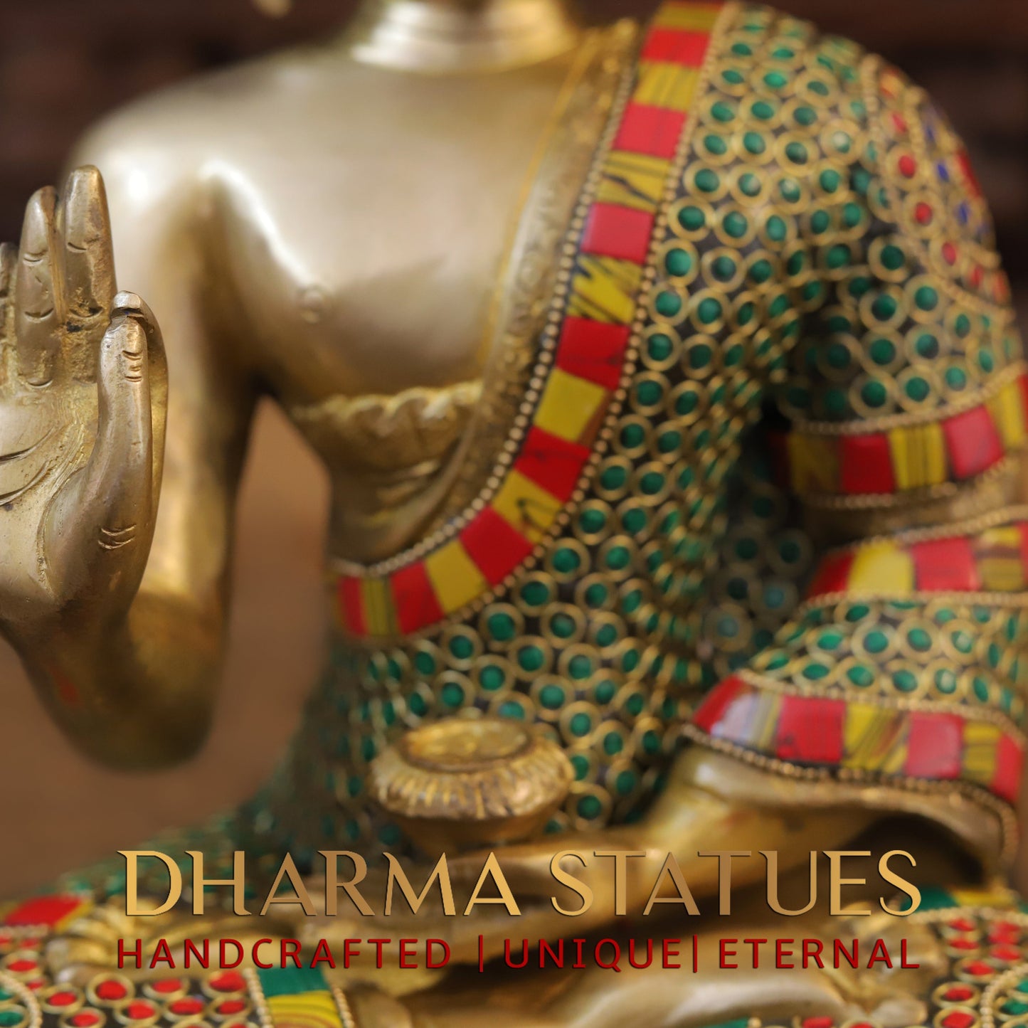 Brass Buddha seated, Blessing Position, Golden & Stonework, 11"