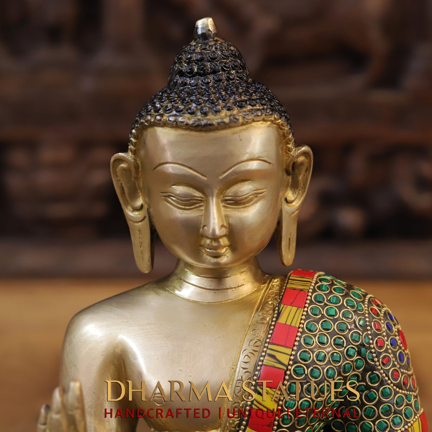 Brass Buddha seated, Blessing Position, Golden & Stonework, 11"