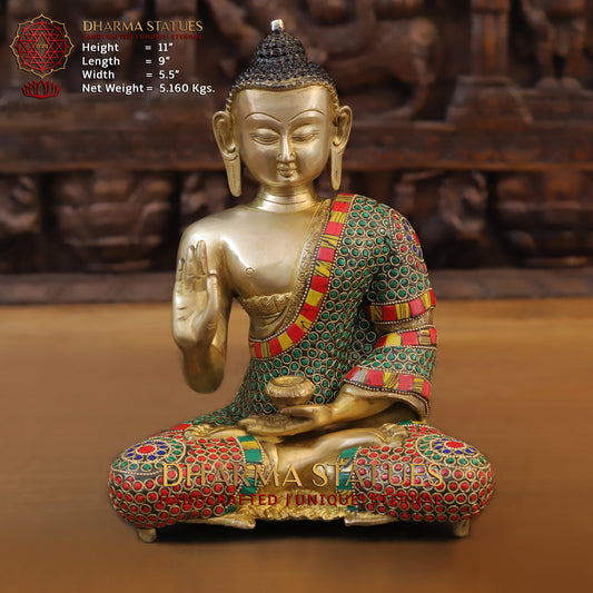 Brass Buddha seated, Blessing Position, Golden & Stonework, 11"