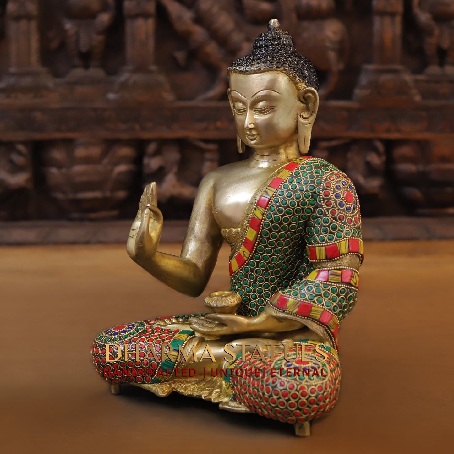 Brass Buddha seated, Blessing Position, Golden & Stonework, 11"