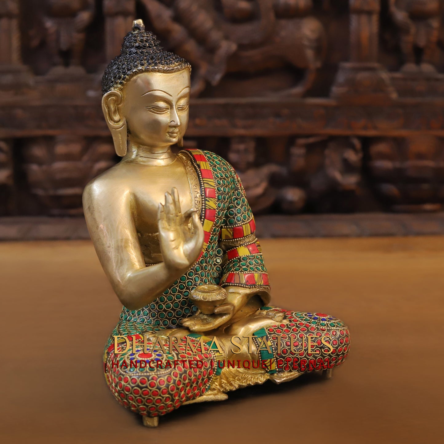 Brass Buddha seated, Blessing Position, Golden & Stonework, 11"