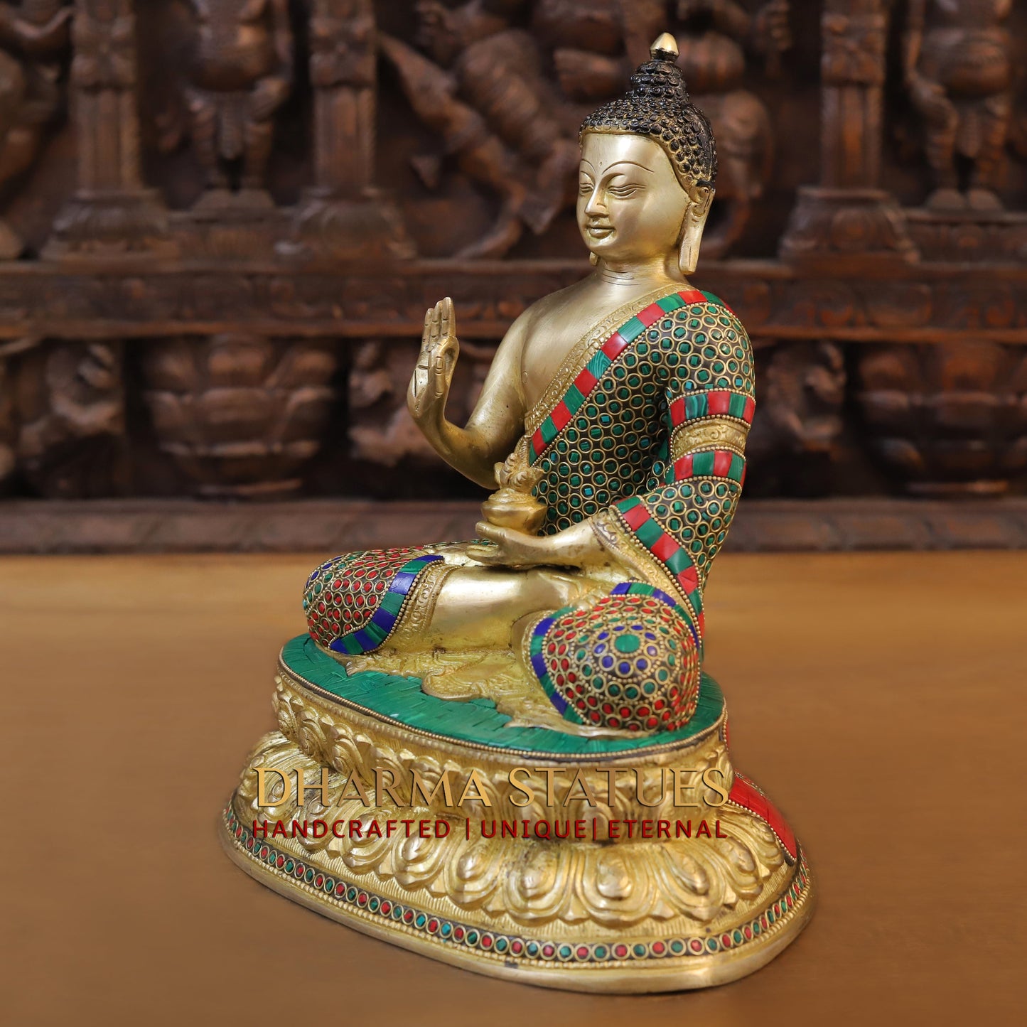Brass Buddha seated, Blessing Position, Golden & Stonework, 13"