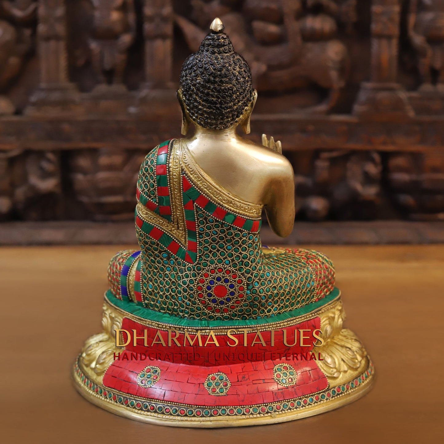 Brass Buddha seated, Blessing Position, Golden & Stonework, 13"