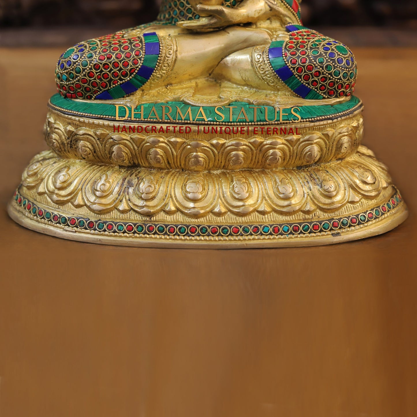 Brass Buddha seated, Blessing Position, Golden & Stonework, 13"