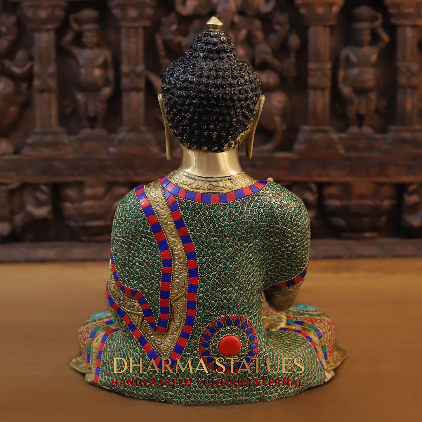 Brass Buddha seated, Blessing Position, Golden & Stonework, 16"