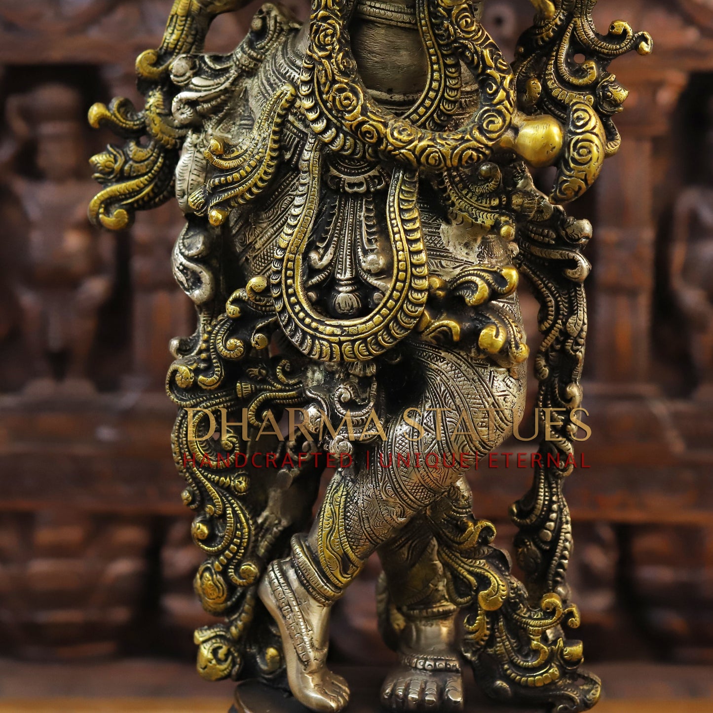 Brass Krishna Playing Flute, Golden & Copper Finish, 30"