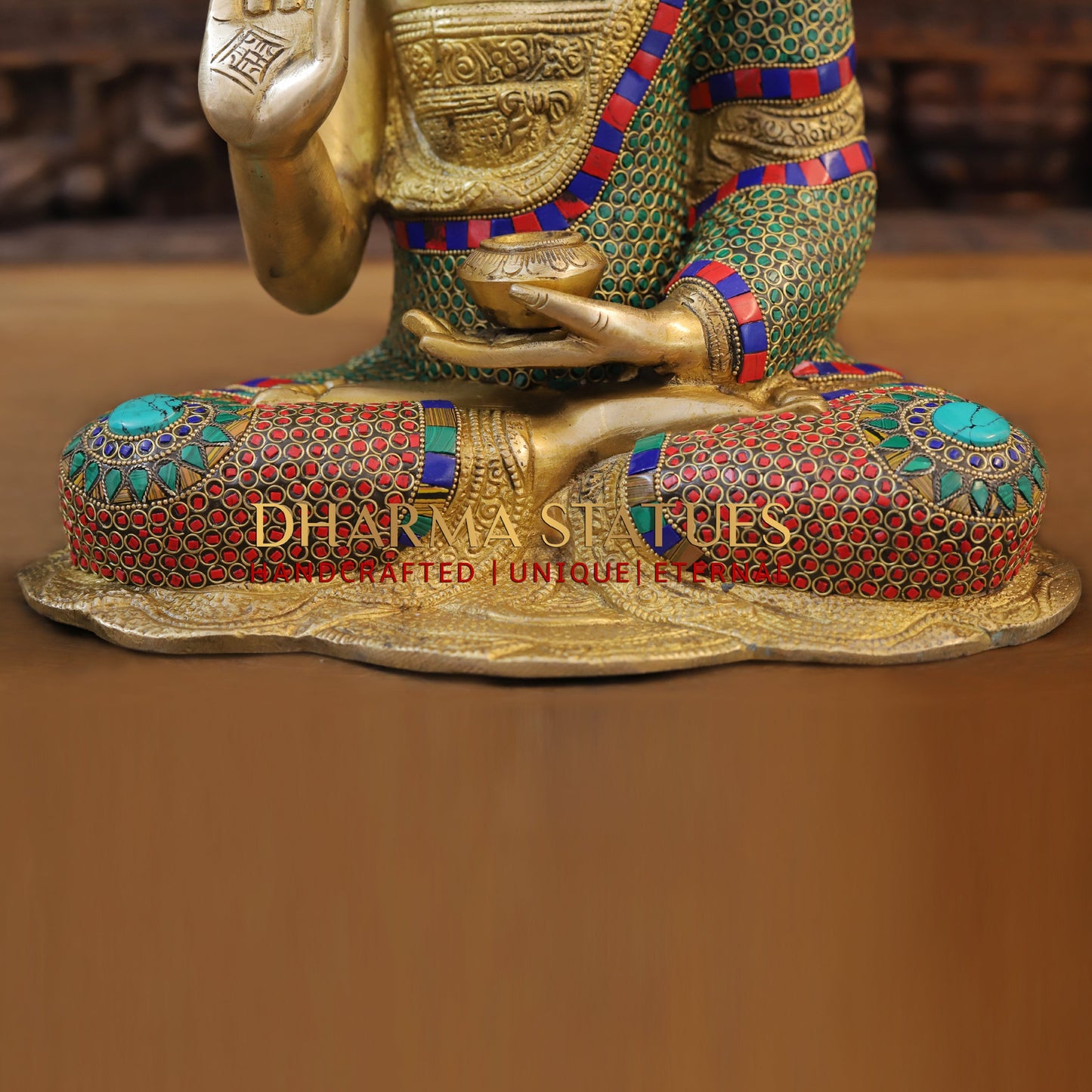 Brass Buddha seated, Blessing Position, Golden & Stonework, 16"