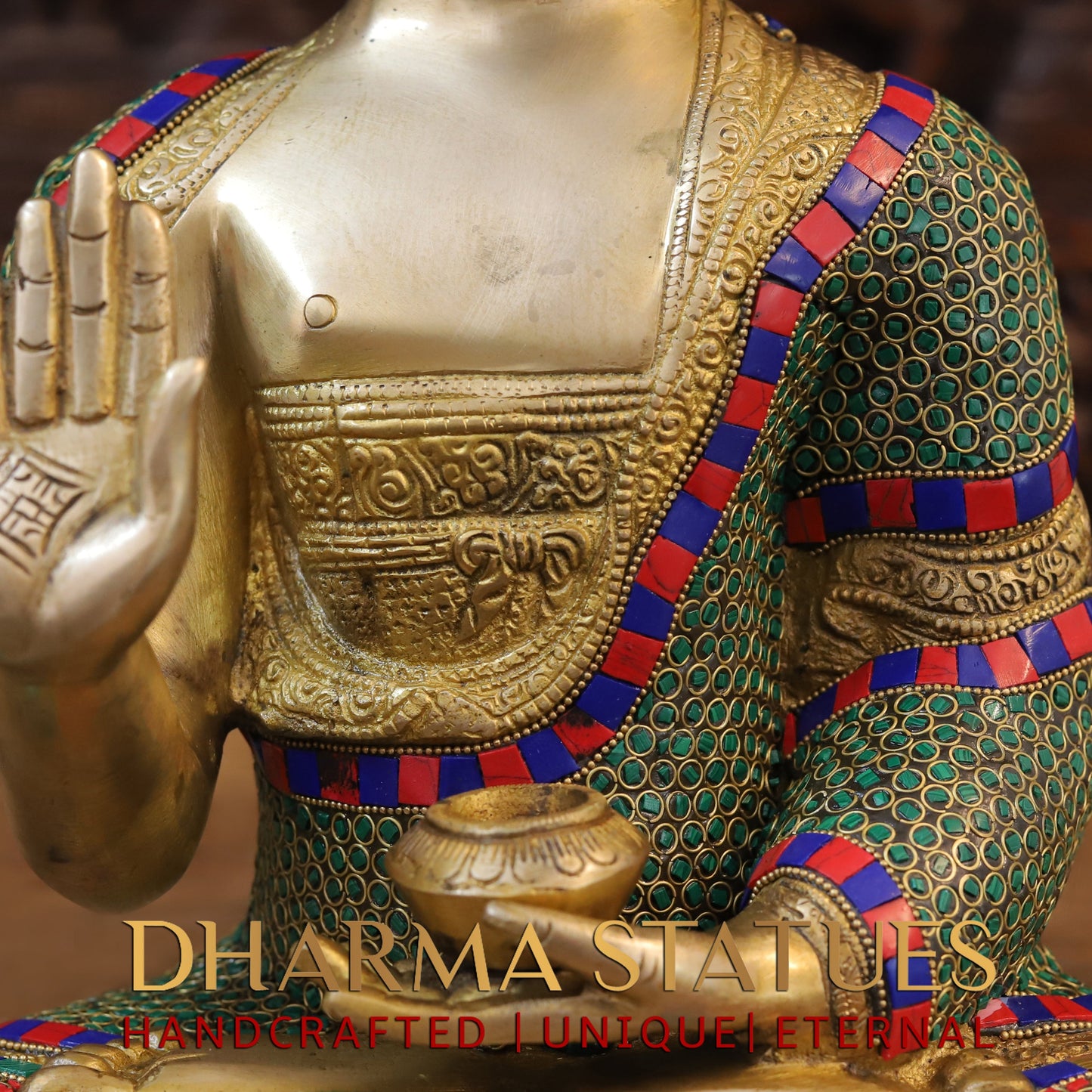 Brass Buddha seated, Blessing Position, Golden & Stonework, 16"