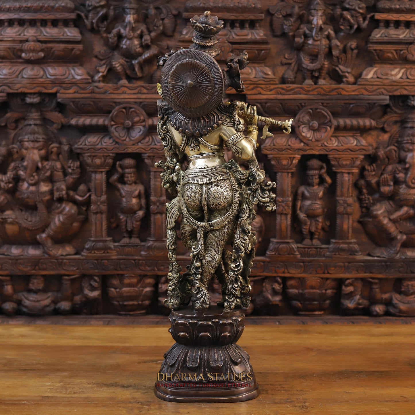 Brass Krishna Playing Flute, Golden & Copper Finish, 30"