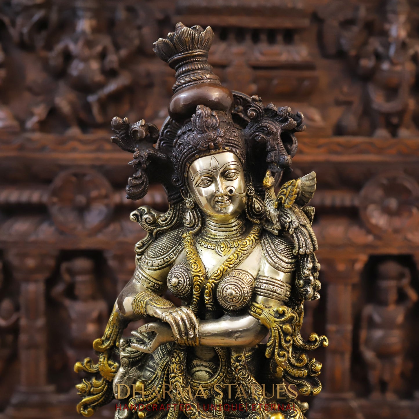 Brass Krishna Playing Flute, Golden & Copper Finish, 30"