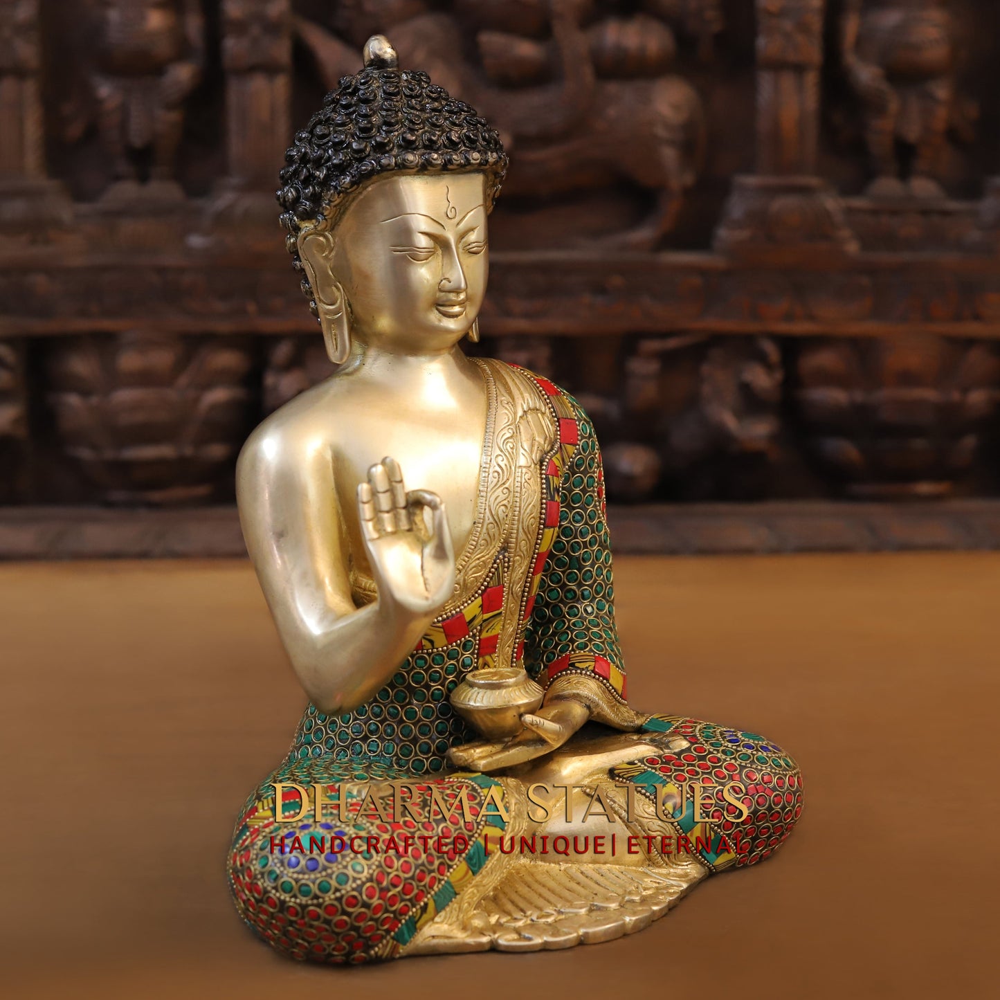 Brass Buddha seated, Blessing Position, Golden & Stonework, 12"