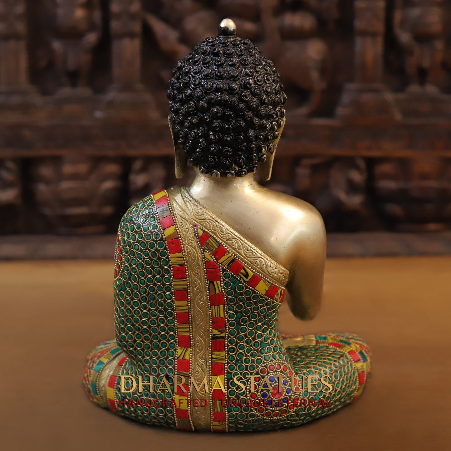 Brass Buddha seated, Blessing Position, Golden & Stonework, 12"