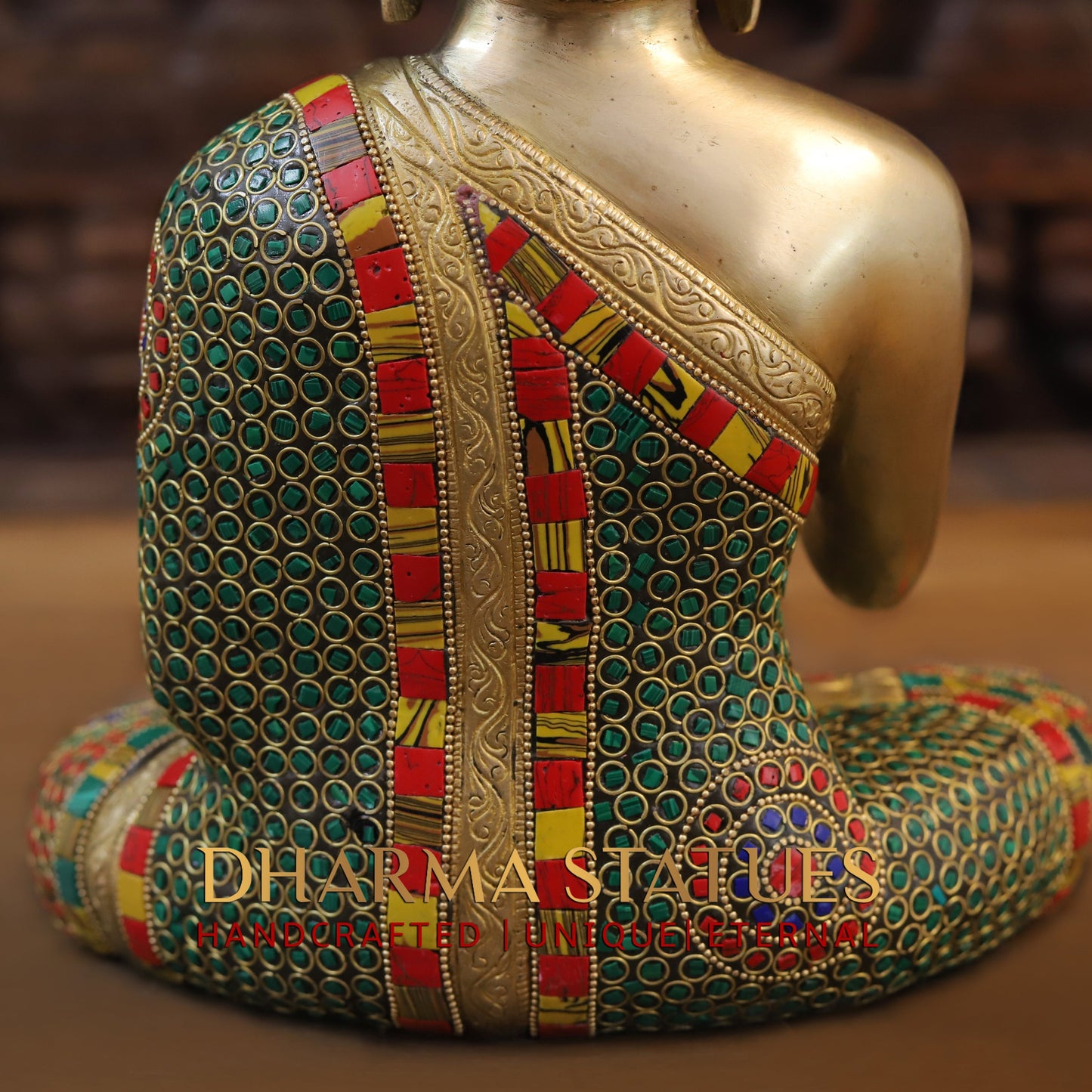 Brass Buddha seated, Blessing Position, Golden & Stonework, 12"