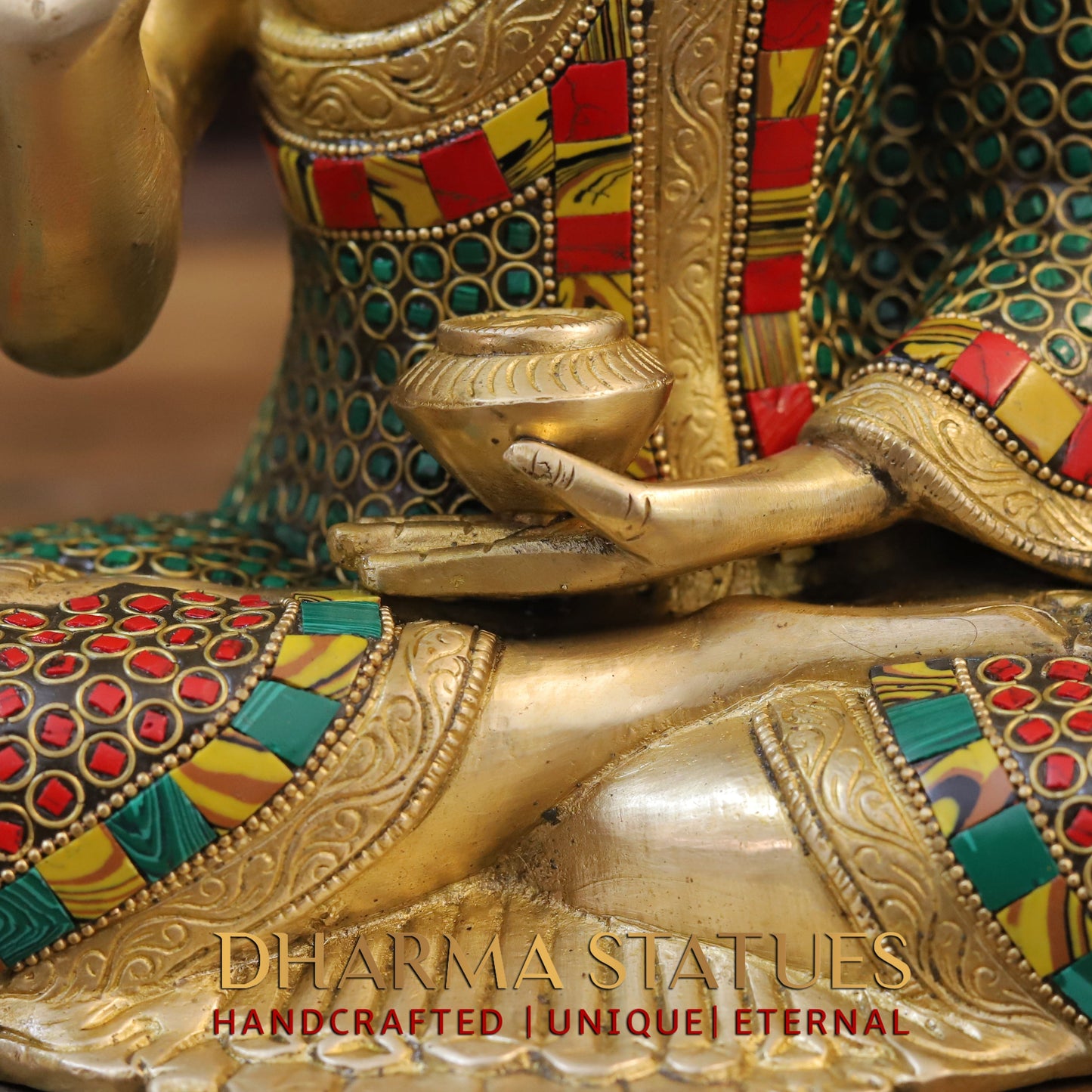 Brass Buddha seated, Blessing Position, Golden & Stonework, 12"