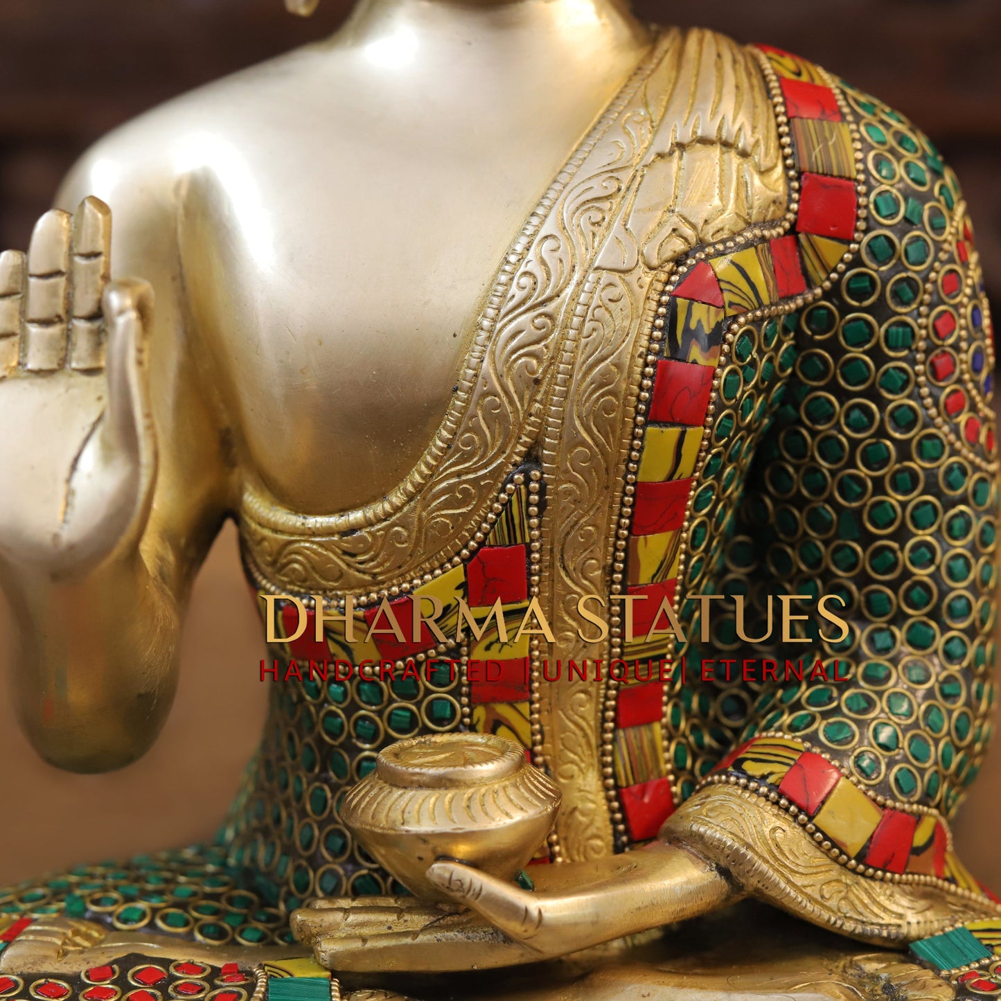Brass Buddha seated, Blessing Position, Golden & Stonework, 12"