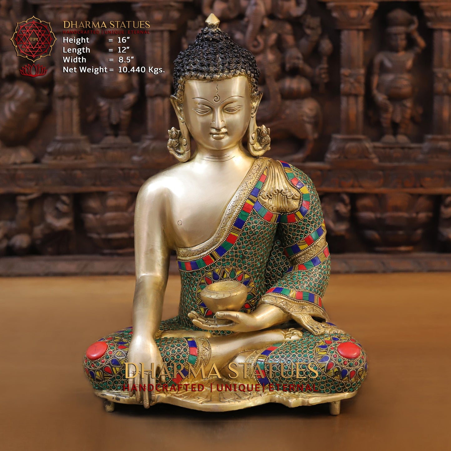 Brass Buddha seated, Blessing Position, Golden & Stonework, 16"