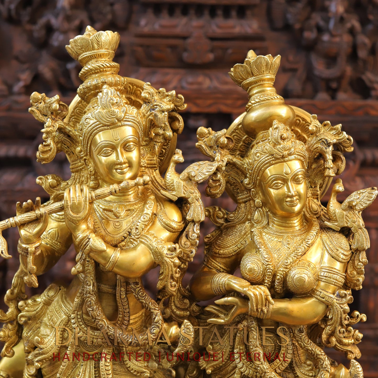 Brass Radha Krishna Standing with Cow on a Single Base, Golden Finish, 27"