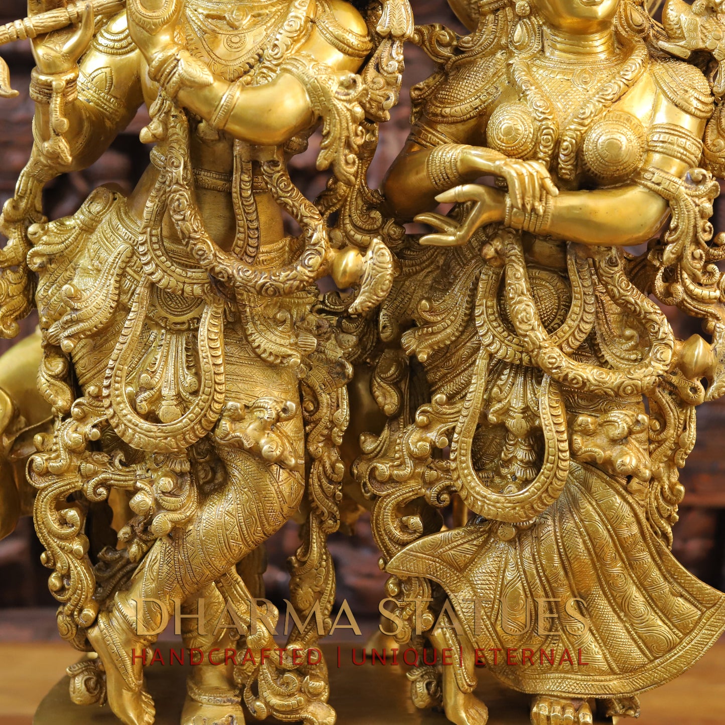 Brass Radha Krishna Standing with Cow on a Single Base, Golden Finish, 27"