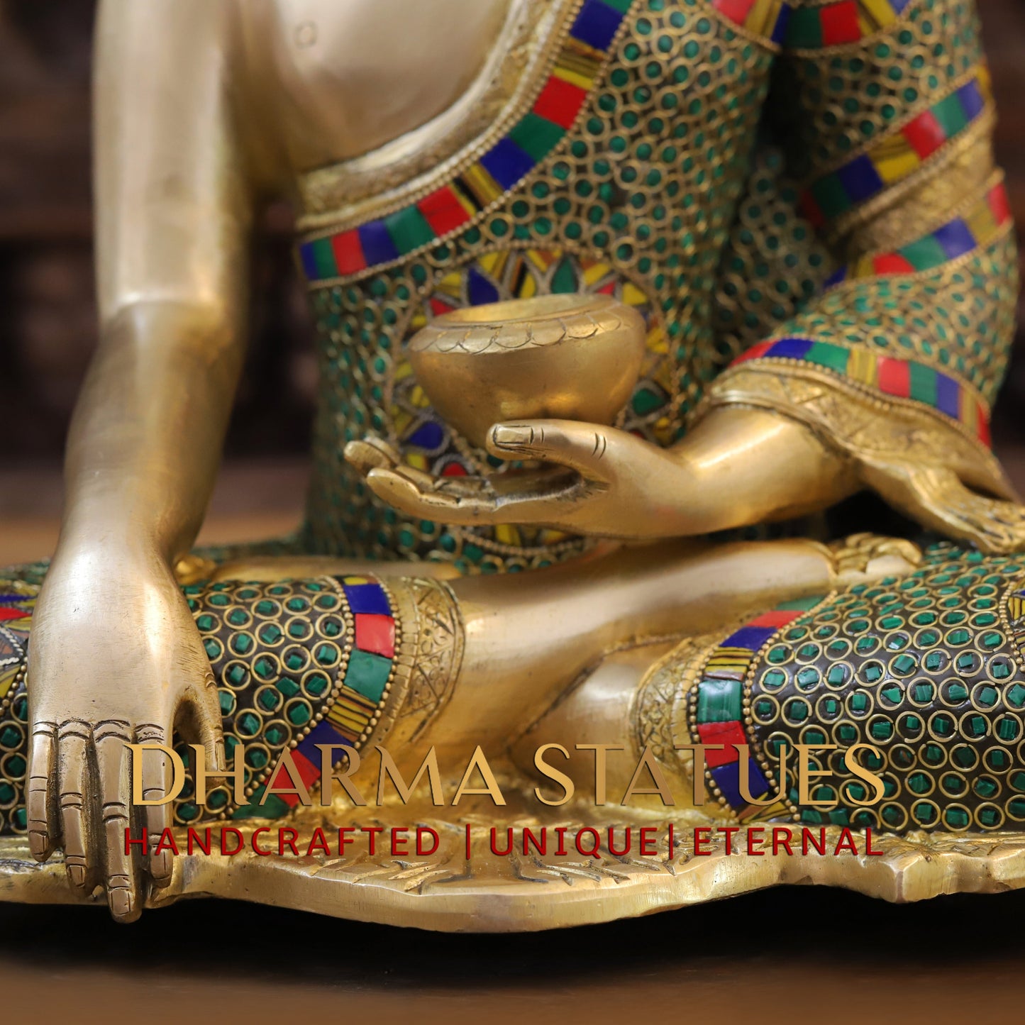 Brass Buddha seated, Blessing Position, Golden & Stonework, 16"