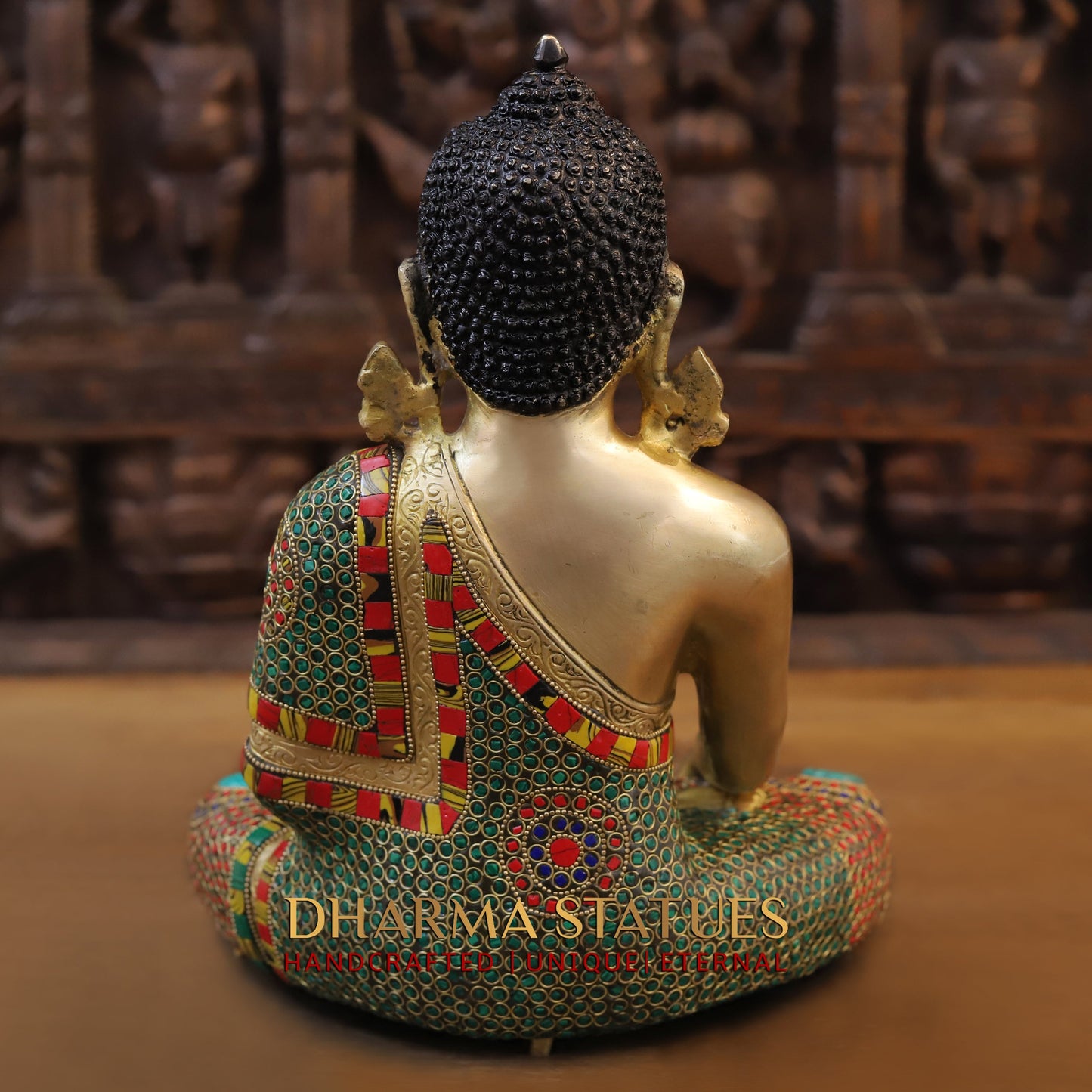 Brass Buddha seated, Bhumisparsha Mudra, Golden & Stonework, 13"
