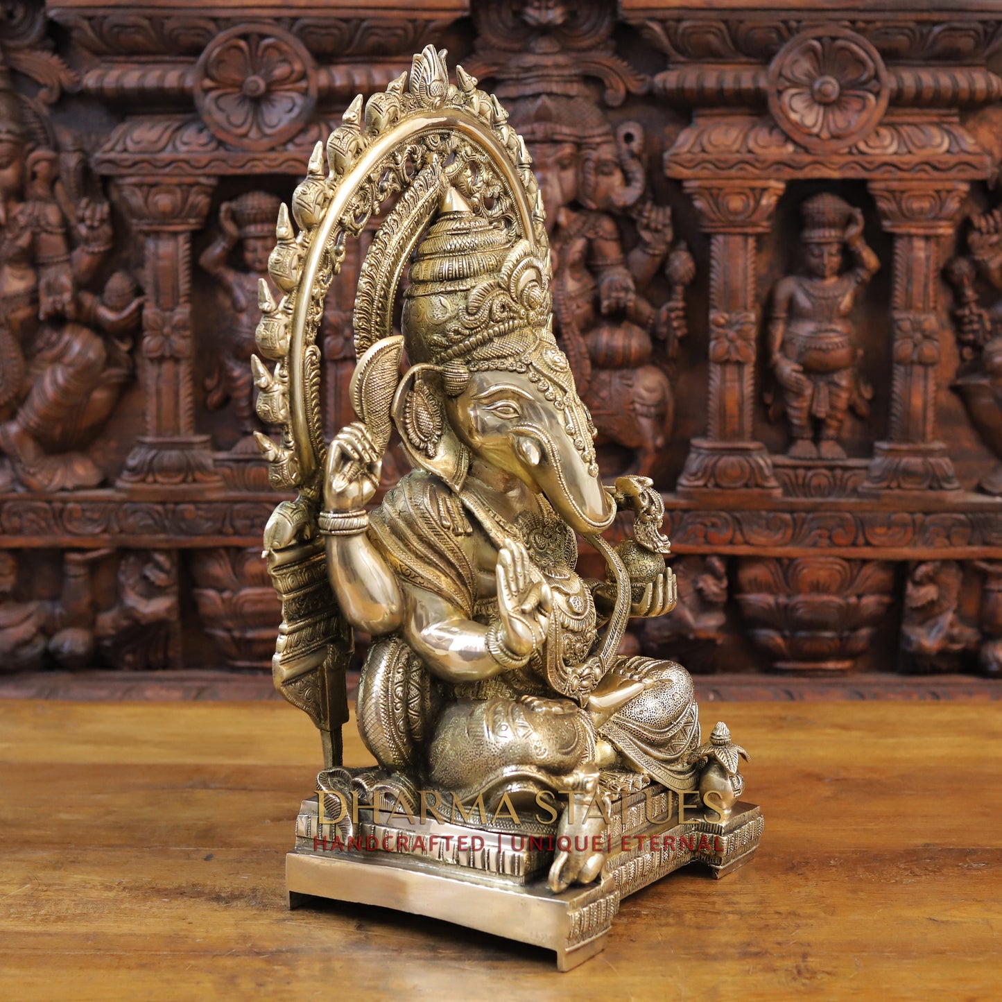 Brass Ganesh seated on Throne, Golden Finish, 21"