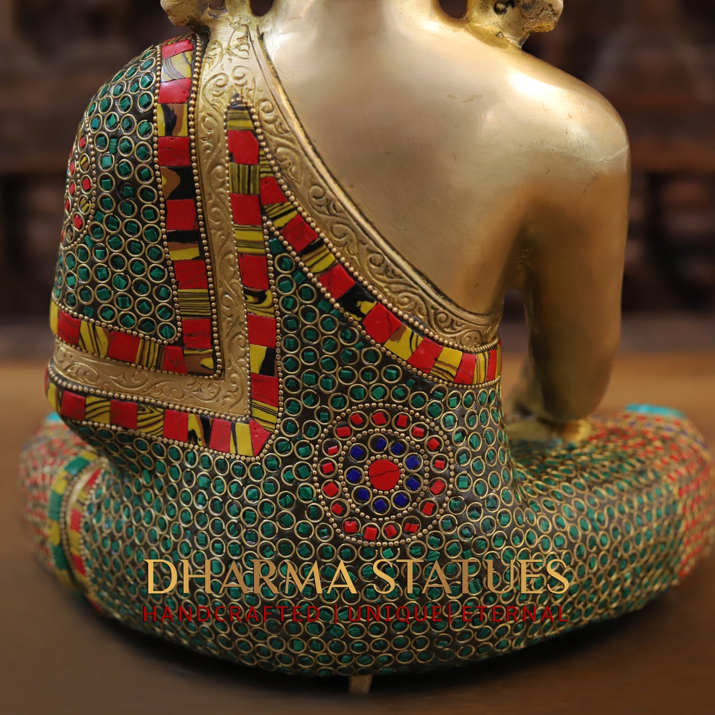 Brass Buddha seated, Bhumisparsha Mudra, Golden & Stonework, 13"