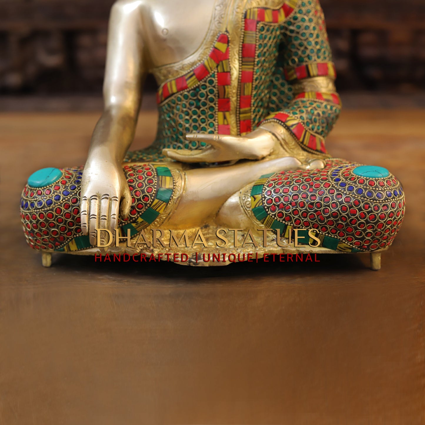 Brass Buddha seated, Bhumisparsha Mudra, Golden & Stonework, 13"