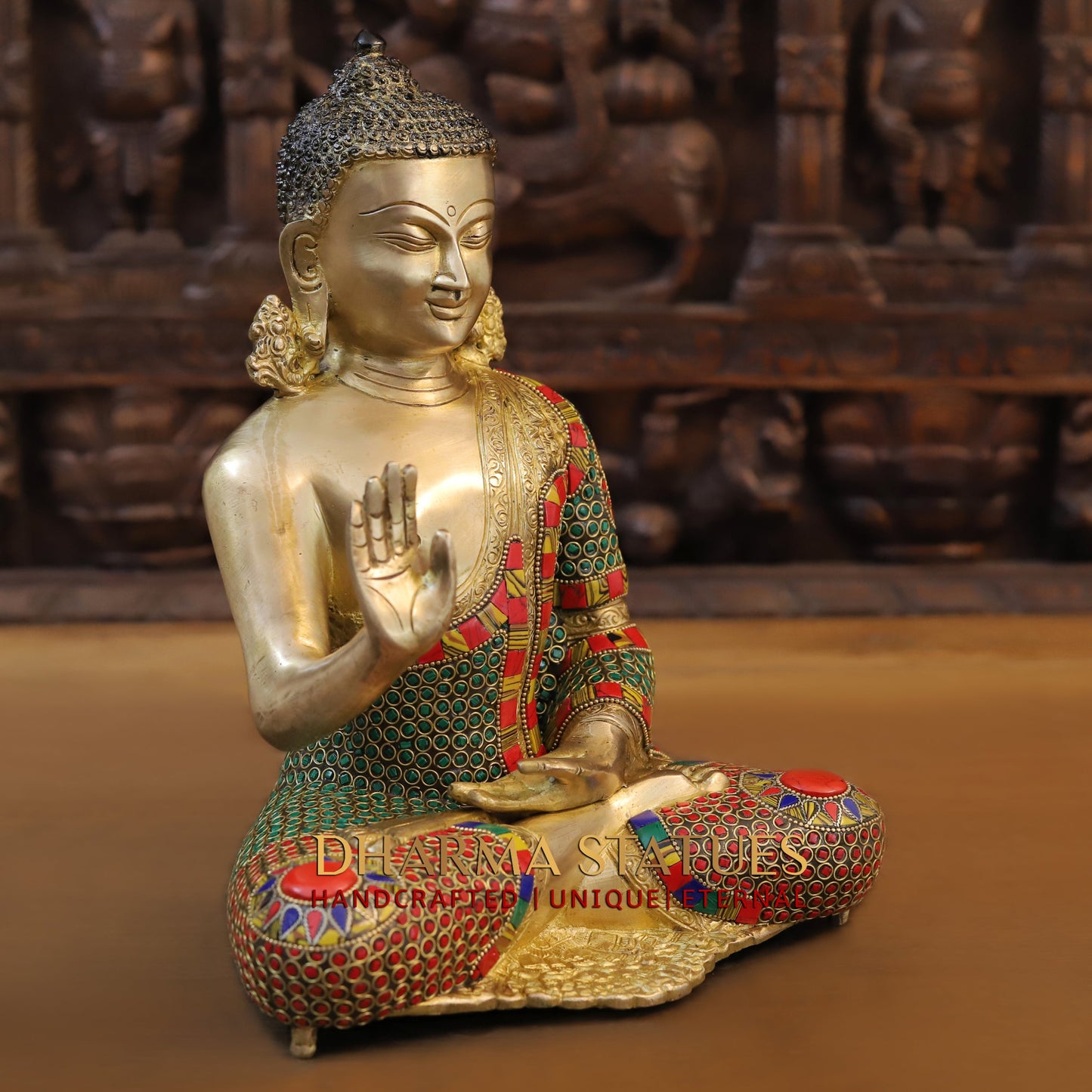 Brass Buddha seated, Blessing Position, Golden & Stonework, 12.5"