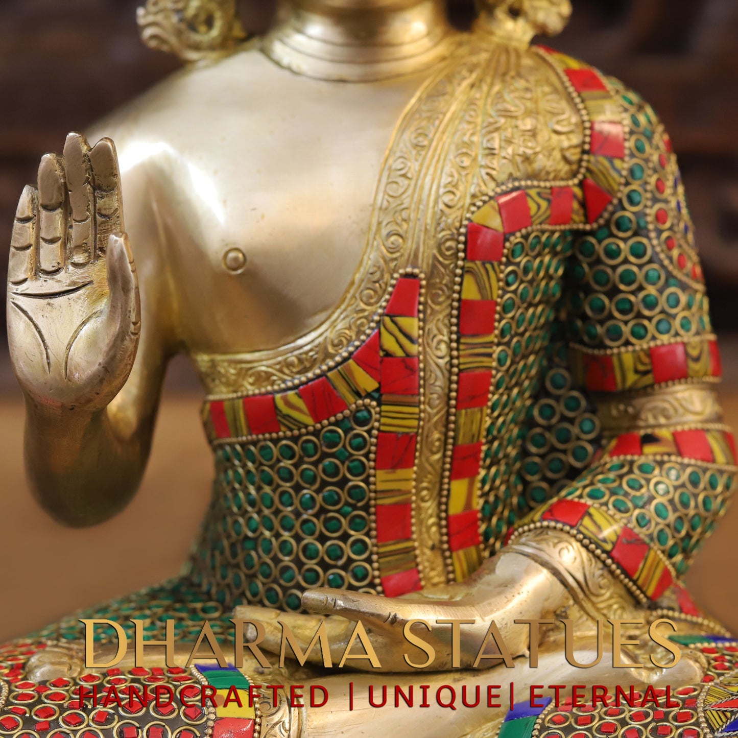 Brass Buddha seated, Blessing Position, Golden & Stonework, 12.5"