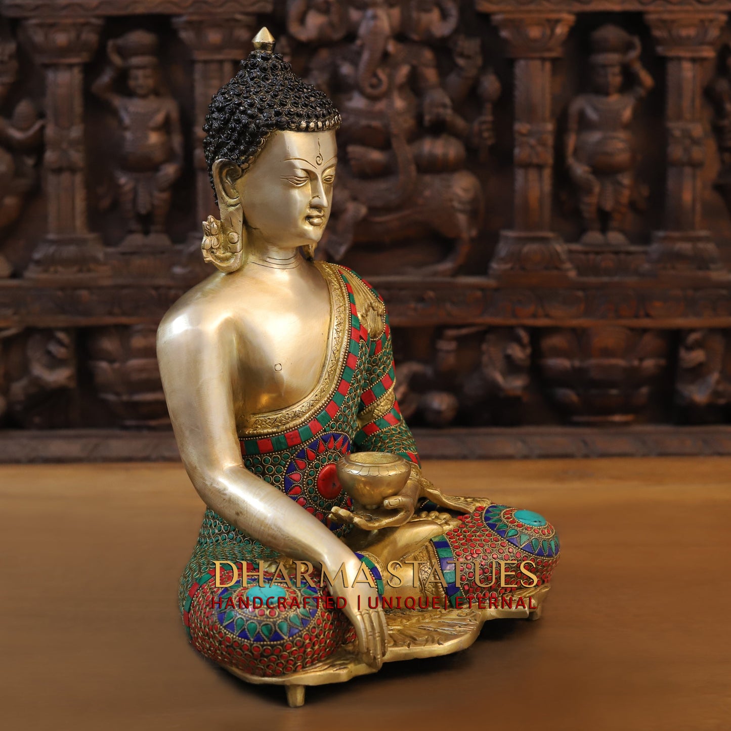 Brass Buddha seated, Bhumisparsha Mudra, Golden & Stonework, 16"