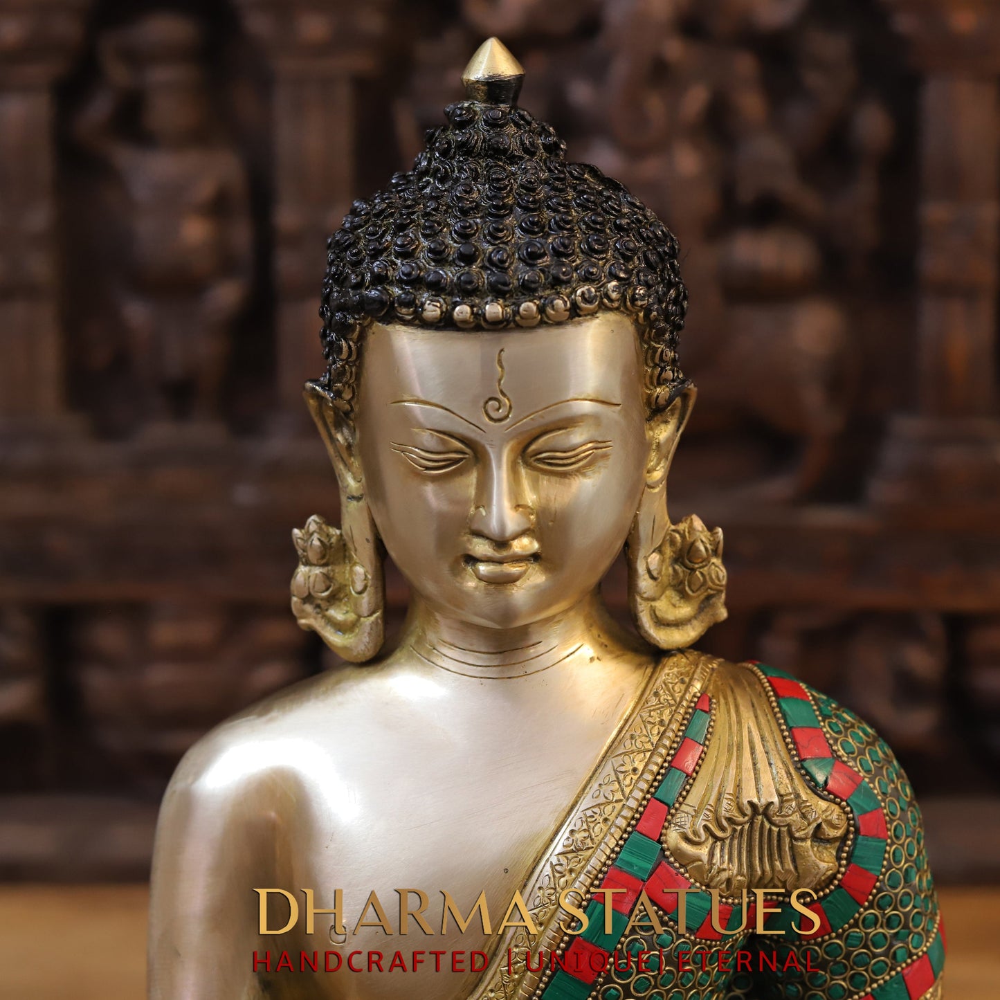 Brass Buddha seated, Bhumisparsha Mudra, Golden & Stonework, 16"