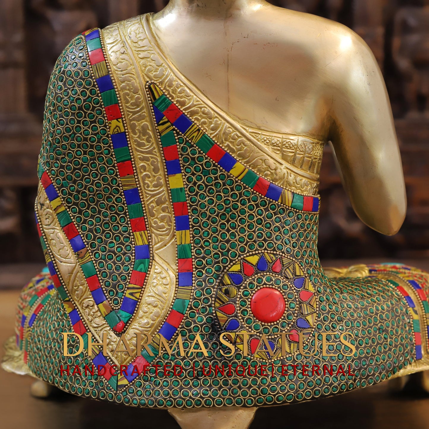 Brass Buddha seated, Abhaya Mudra, Golden & Stonework, 19.5"