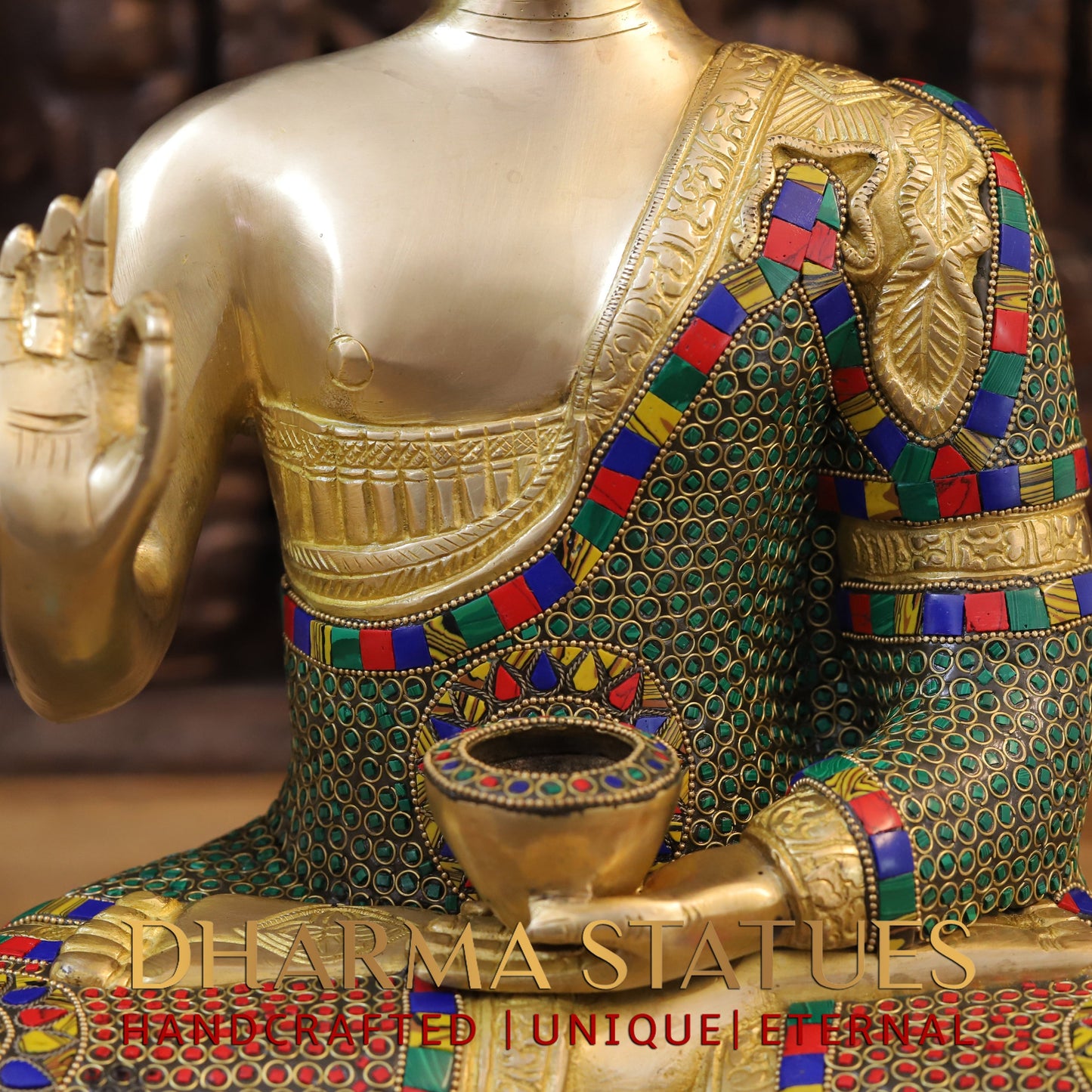 Brass Buddha seated, Abhaya Mudra, Golden & Stonework, 19.5"