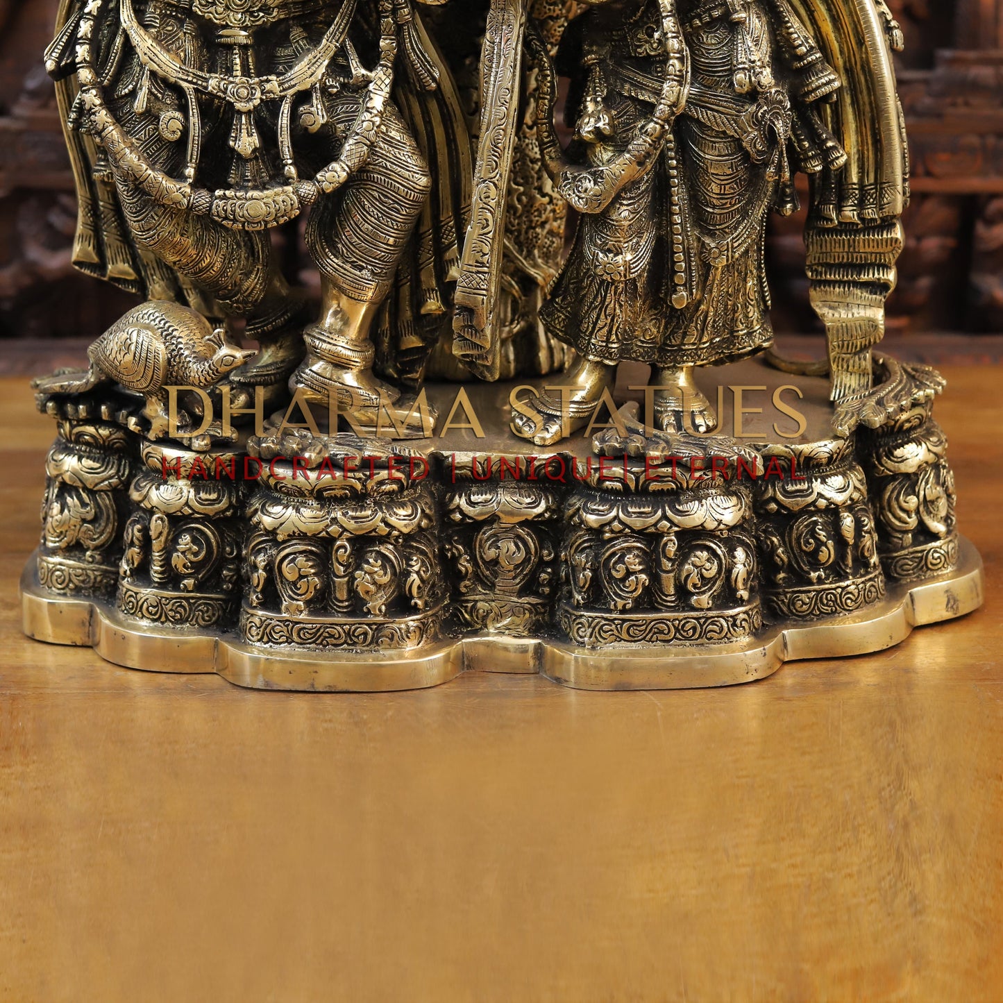 Brass Radha Krishna Idol, Playing Flute Under Mango Tree, Fine Golden Finish 29"