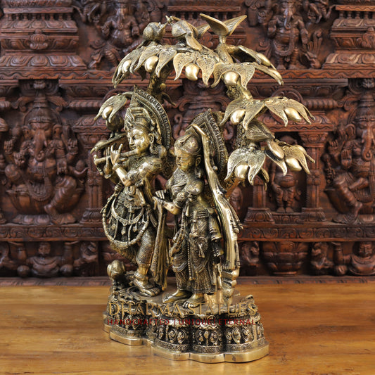 Brass Radha Krishna Idol, Playing Flute Under Mango Tree, Fine Golden Finish 29"