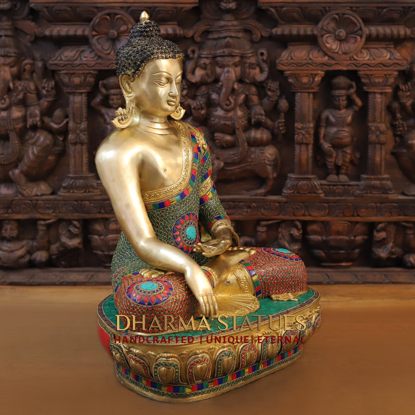 Brass Buddha seated, Bhumisparsha Mudra, Golden & Stonework, 21.5"