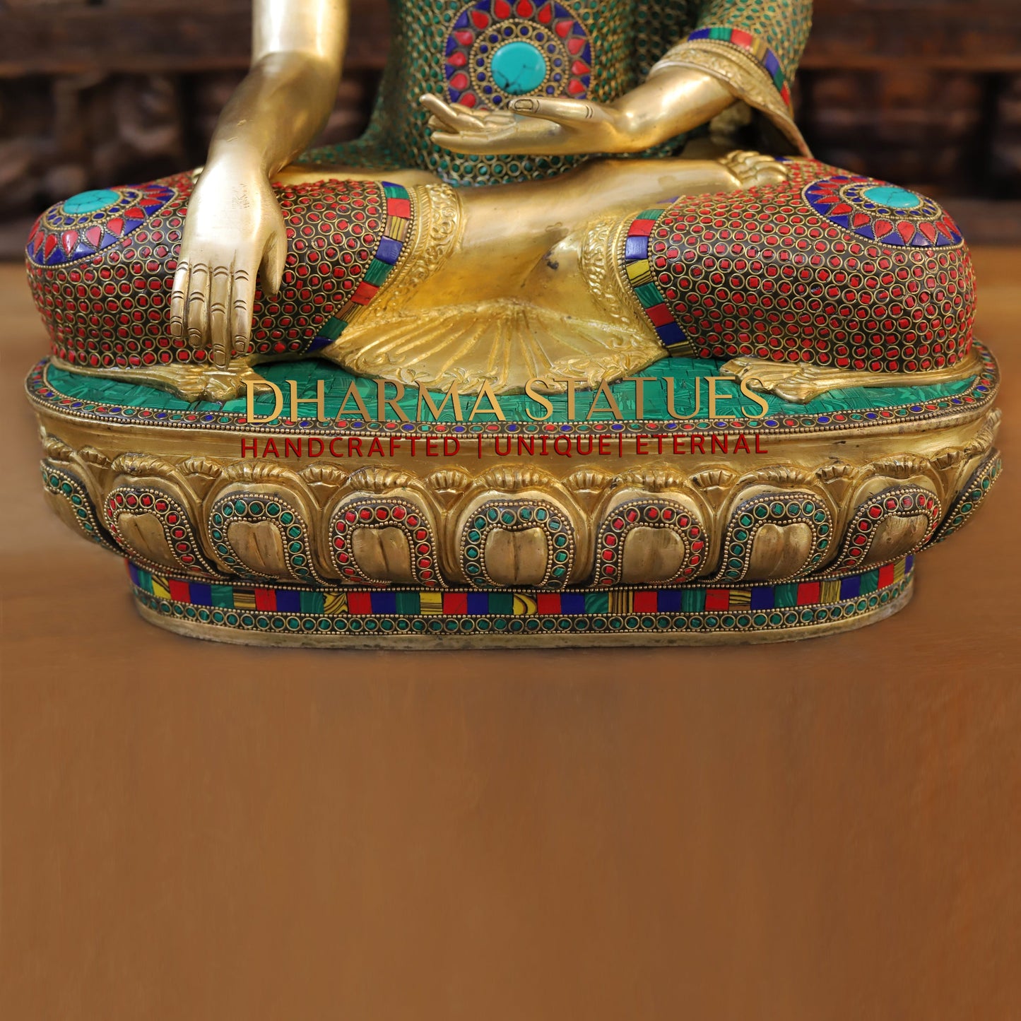 Brass Buddha seated, Bhumisparsha Mudra, Golden & Stonework, 21.5"