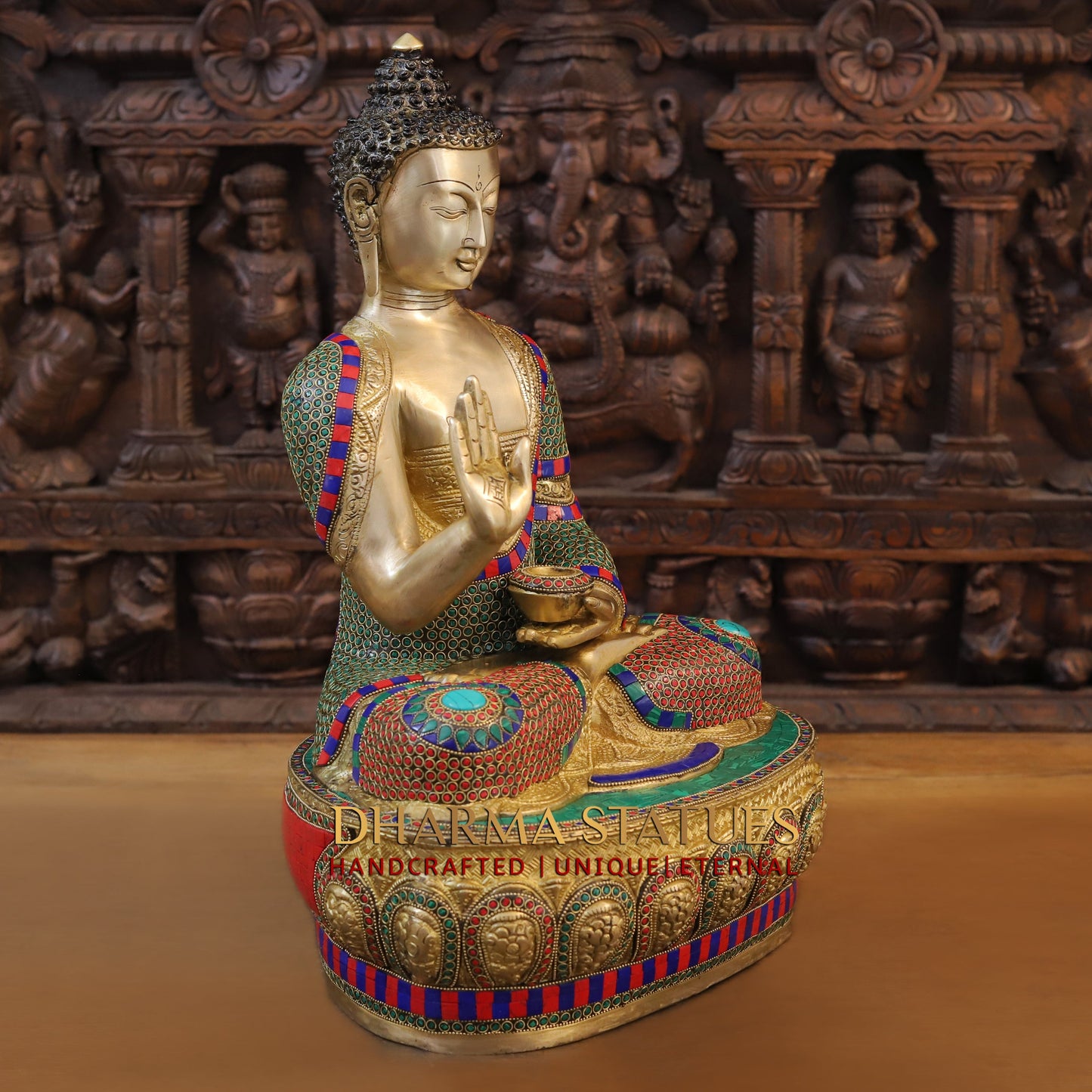 Brass Buddha seated, Blessing Position, Golden & Stonework, 21"